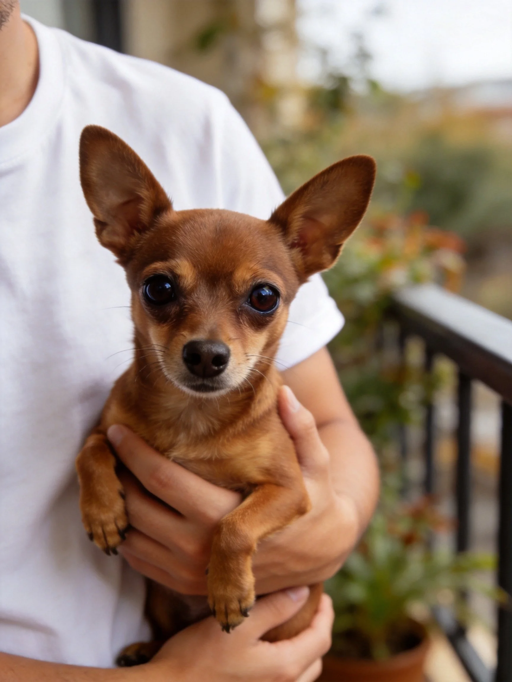 A small brown Chihuahua held by a person in an outdoor space