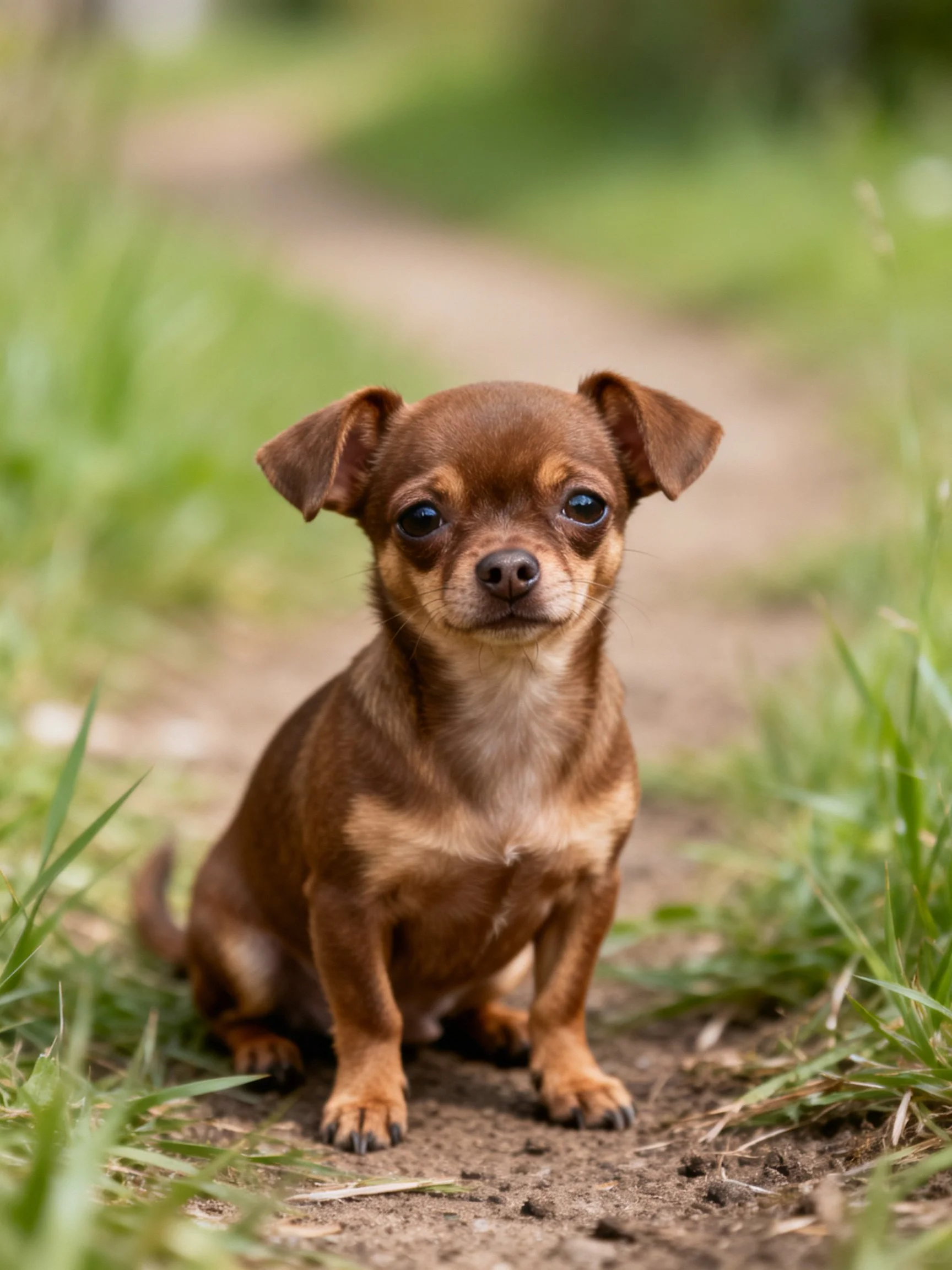 A small brown Chihuahua puppy sits calmly on a dirt path surrounded by grass.