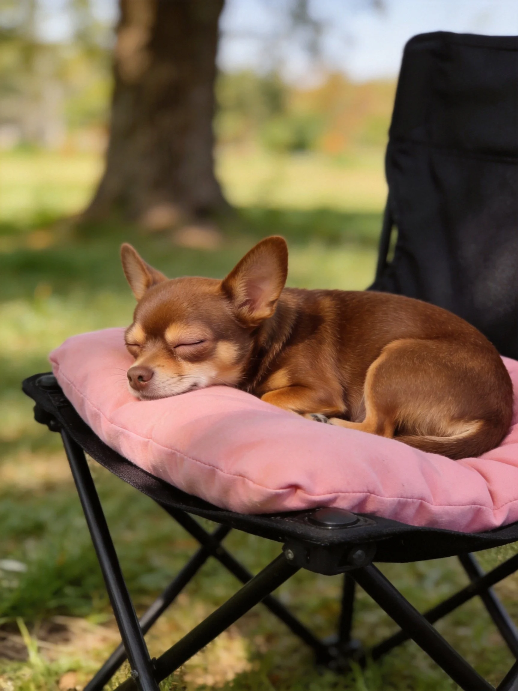 A small brown dog rests on a pink cushion on an outdoor folding chair.