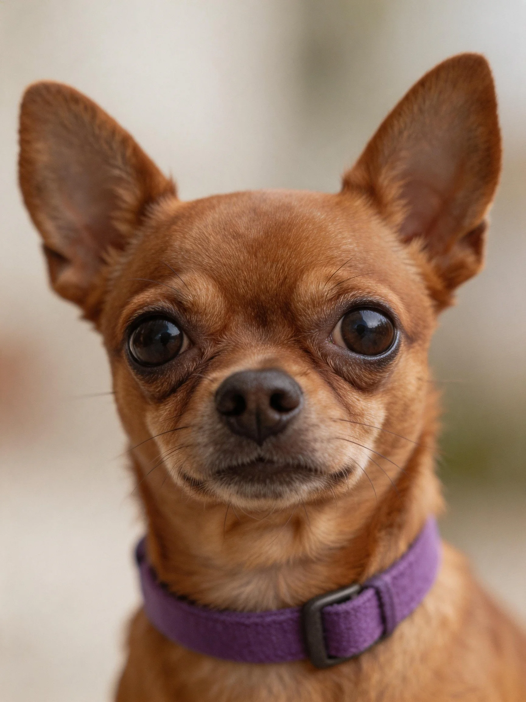 A close-up of a small brown Chihuahua with a purple collar.