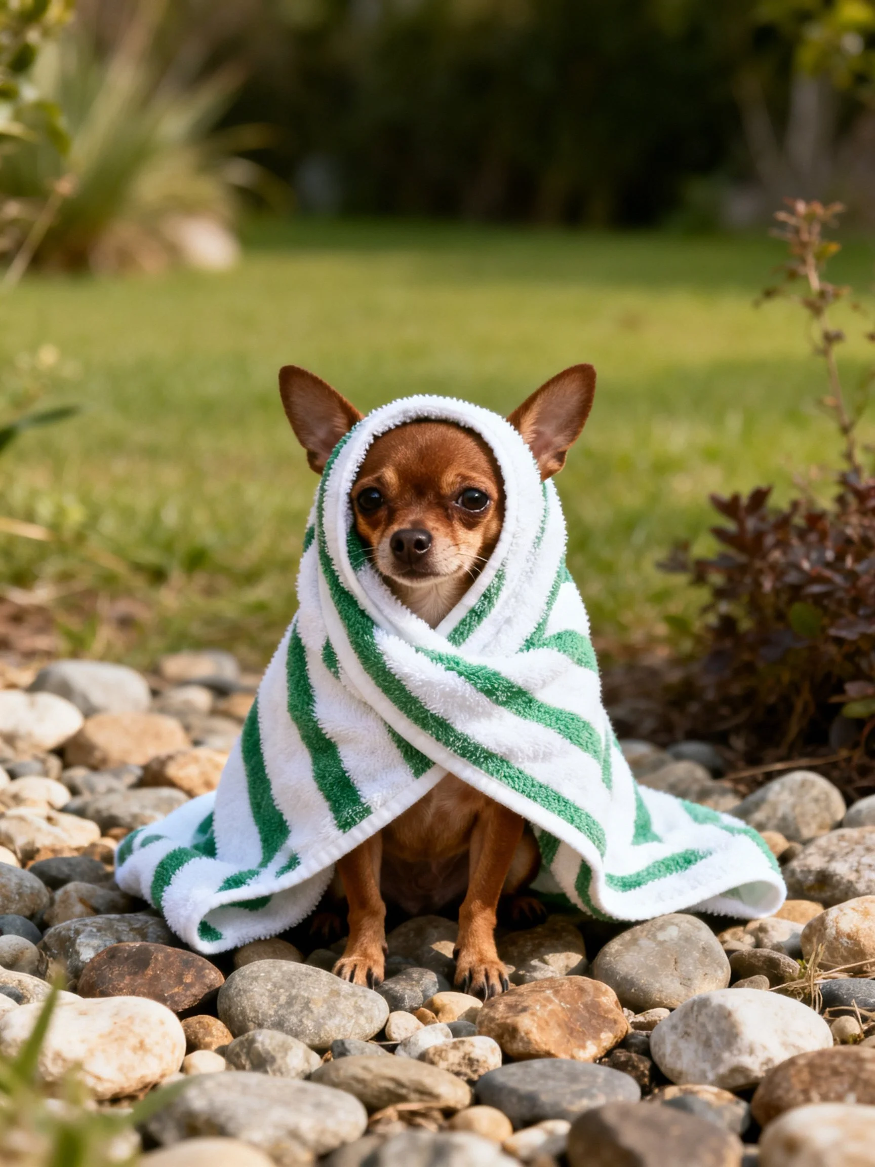 A small brown dog sits wrapped in a towel among pebbles in a sunny outdoor setting.