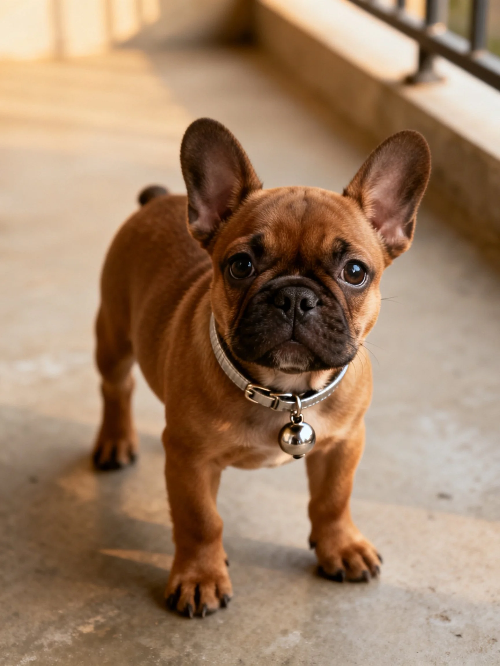 A small brown French Bulldog stands on concrete near a railing.