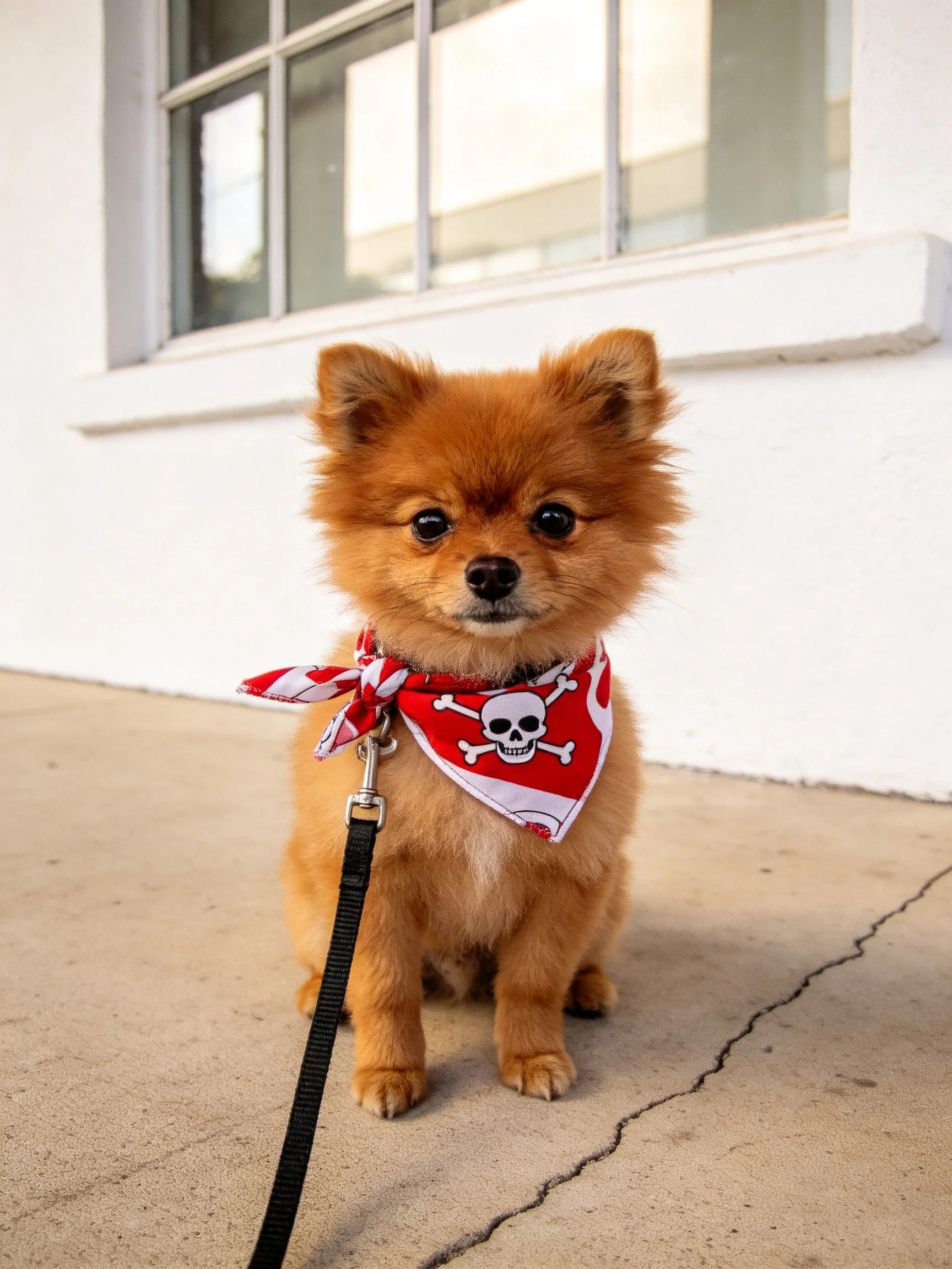 A small brown Pomeranian with a red skull bandana sits outside near a white building.