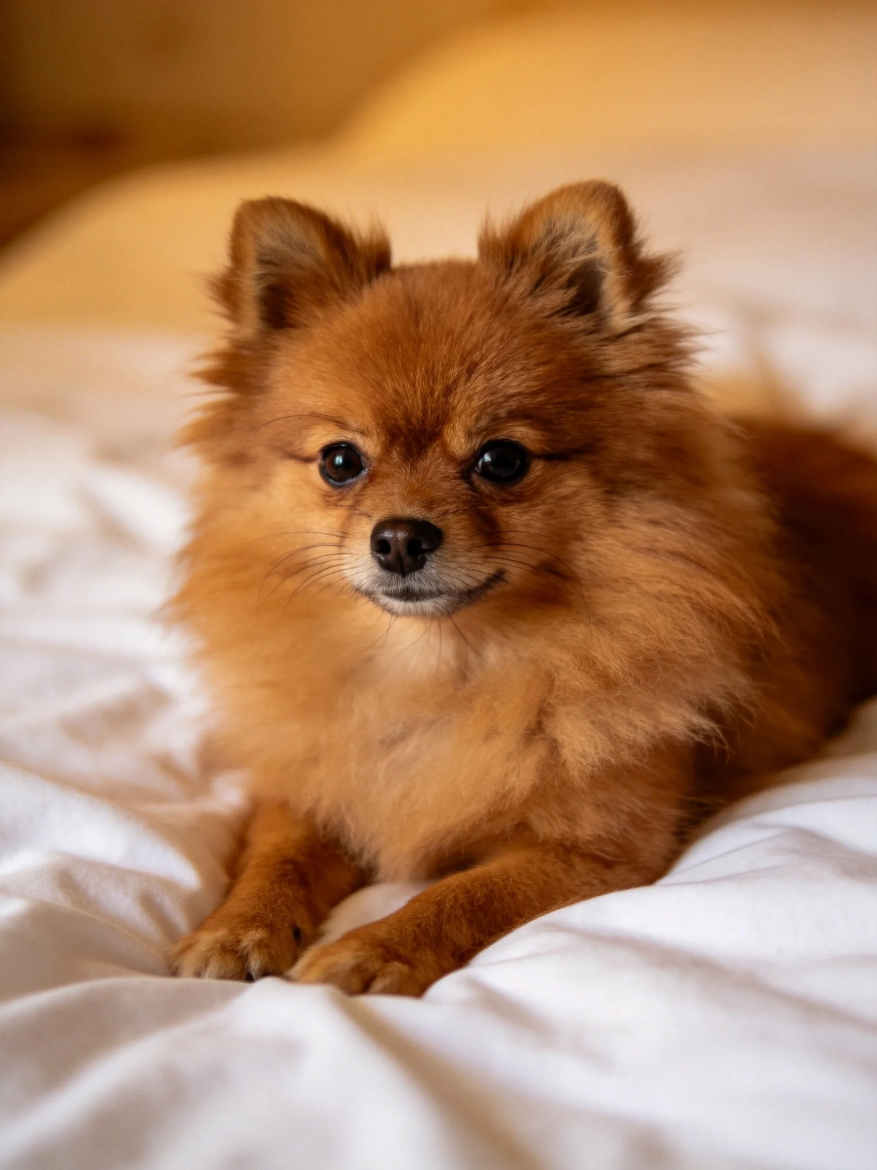A small brown Pomeranian relaxes on a white bed.