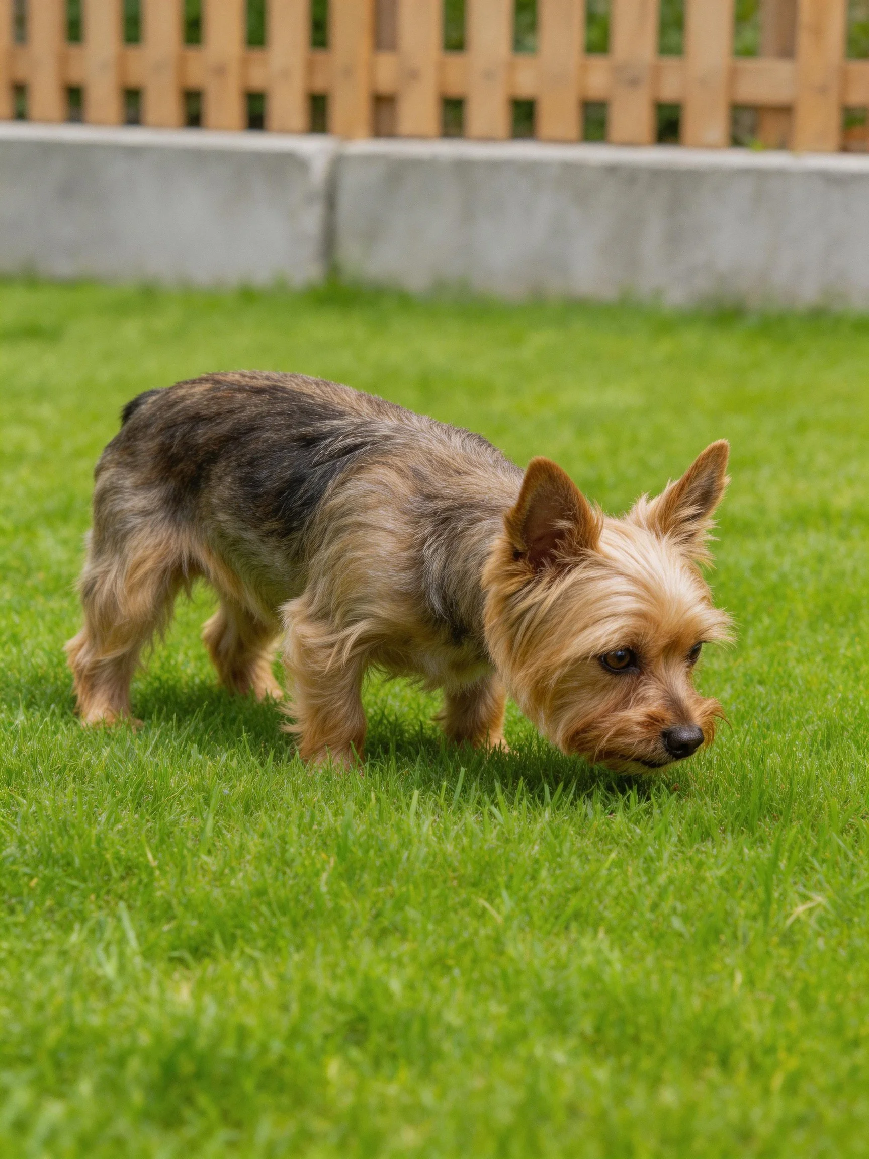 A small brown and black dog explores the lush green lawn near a wooden fence.