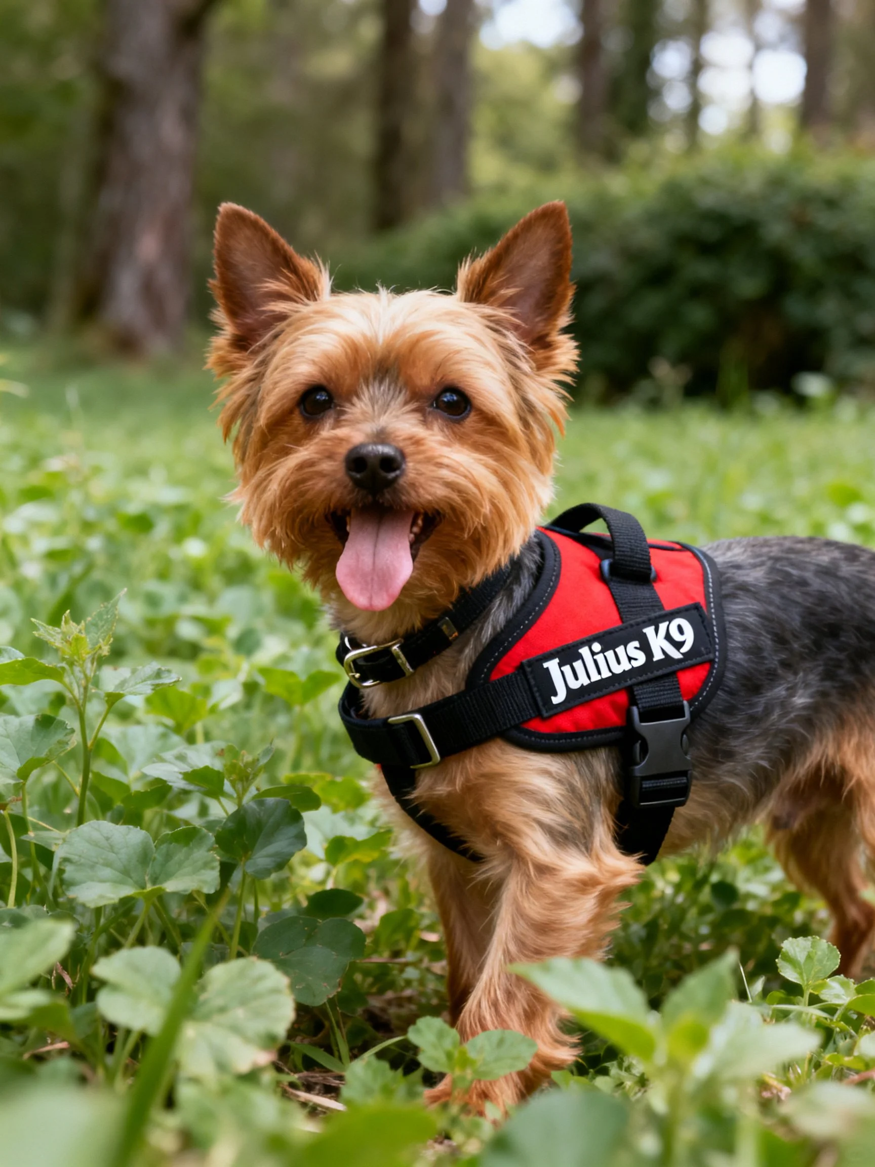 A small dog wearing a red Julius K9 harness stands in a grassy outdoor space.