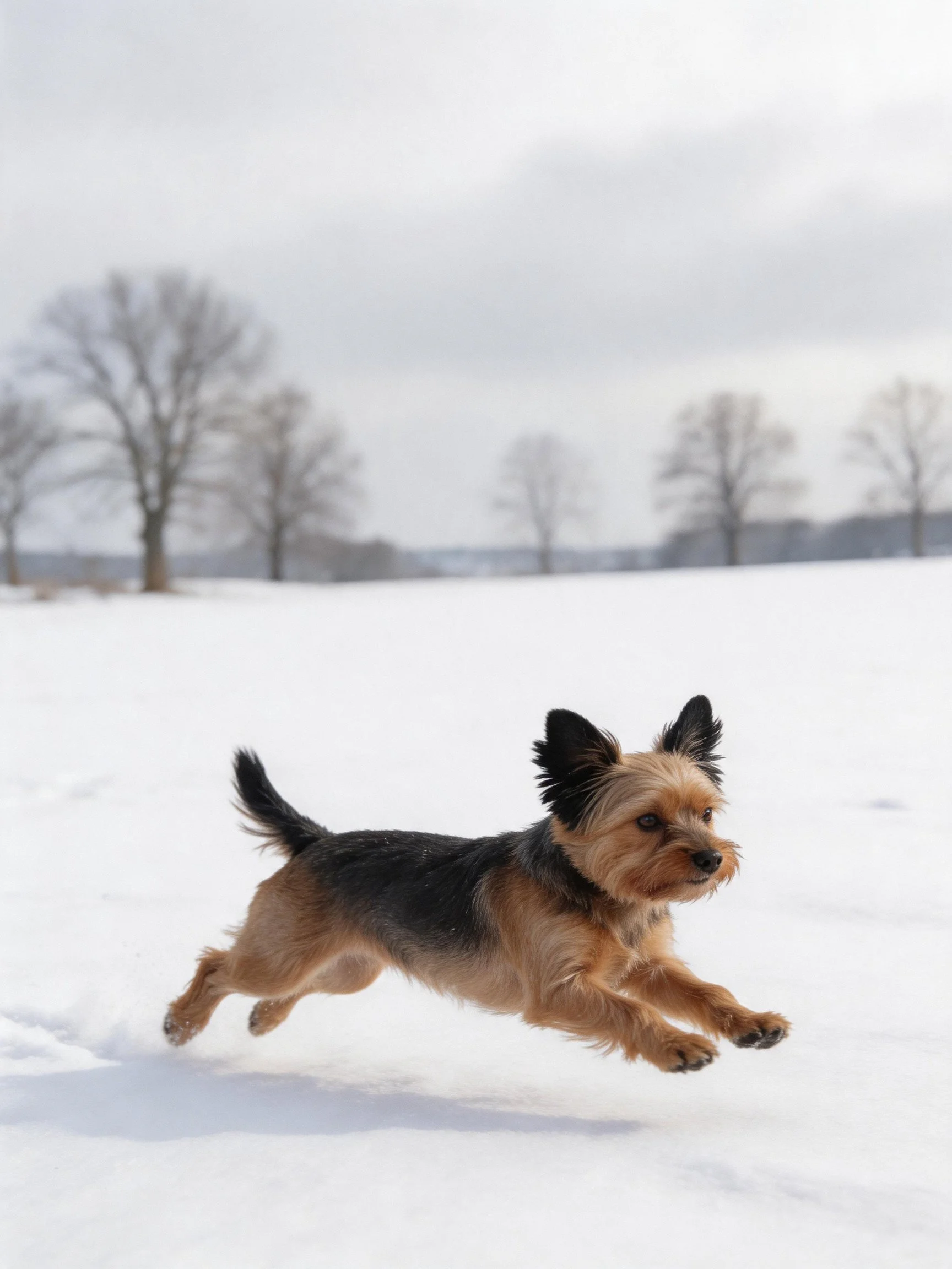 A small brown and black dog runs energetically across a snowy landscape.