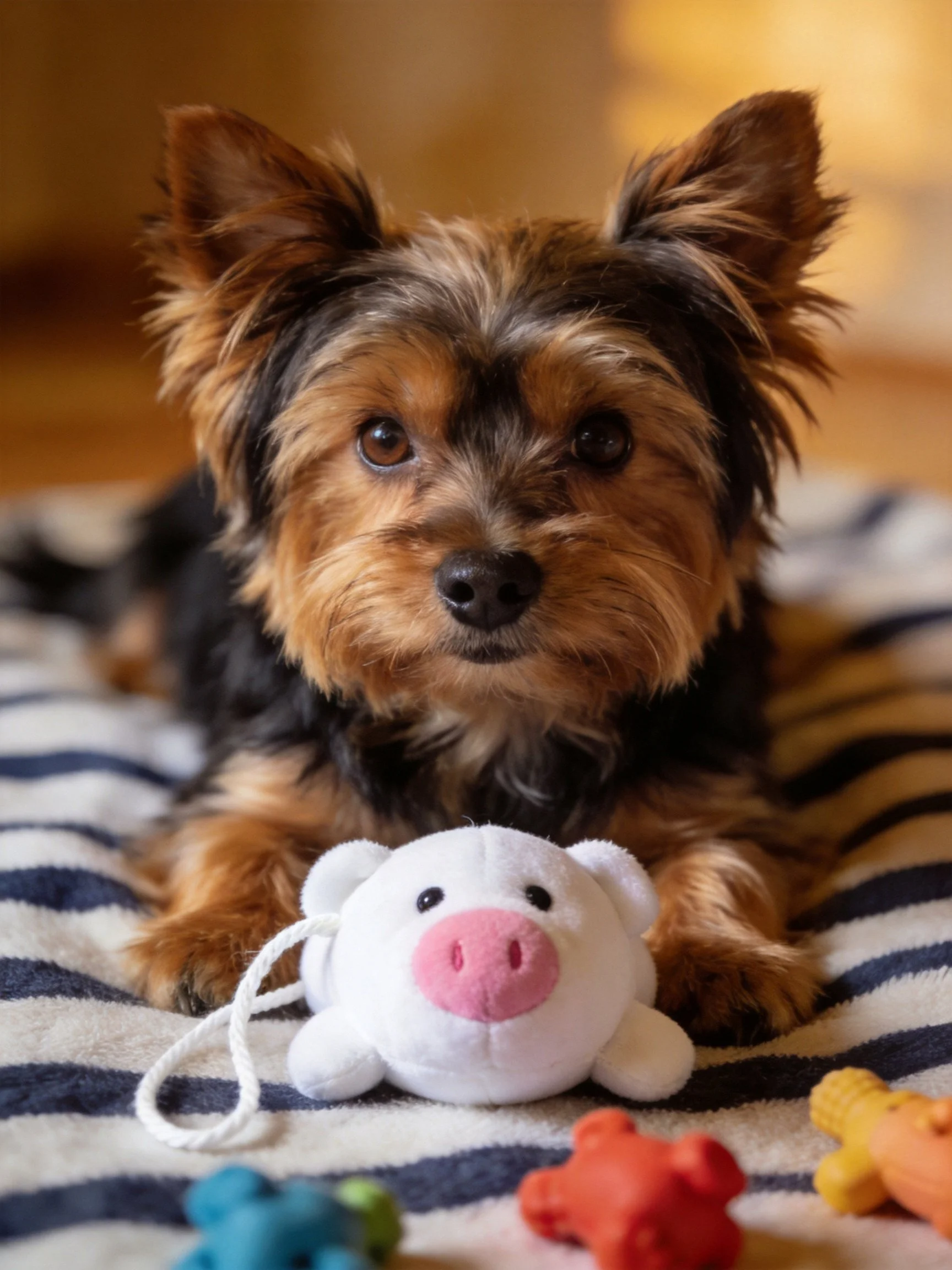 A small dog rests on a striped blanket with colorful plush toys.