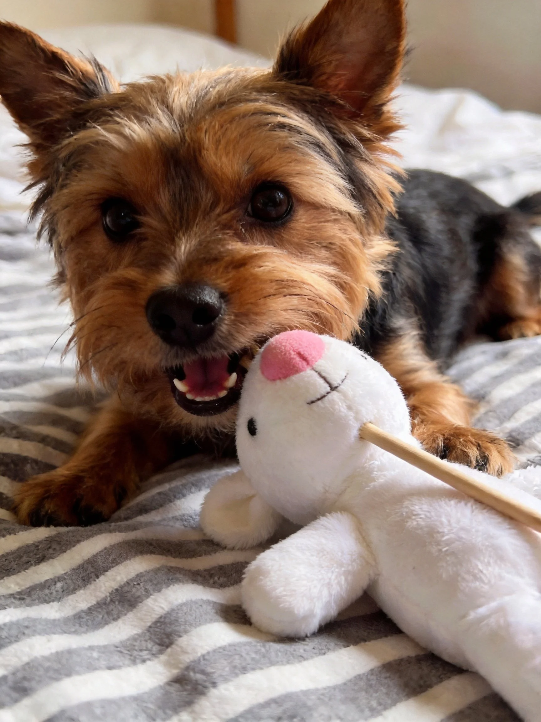 A small brown and black dog plays with a white stuffed rabbit on a gray striped bed
