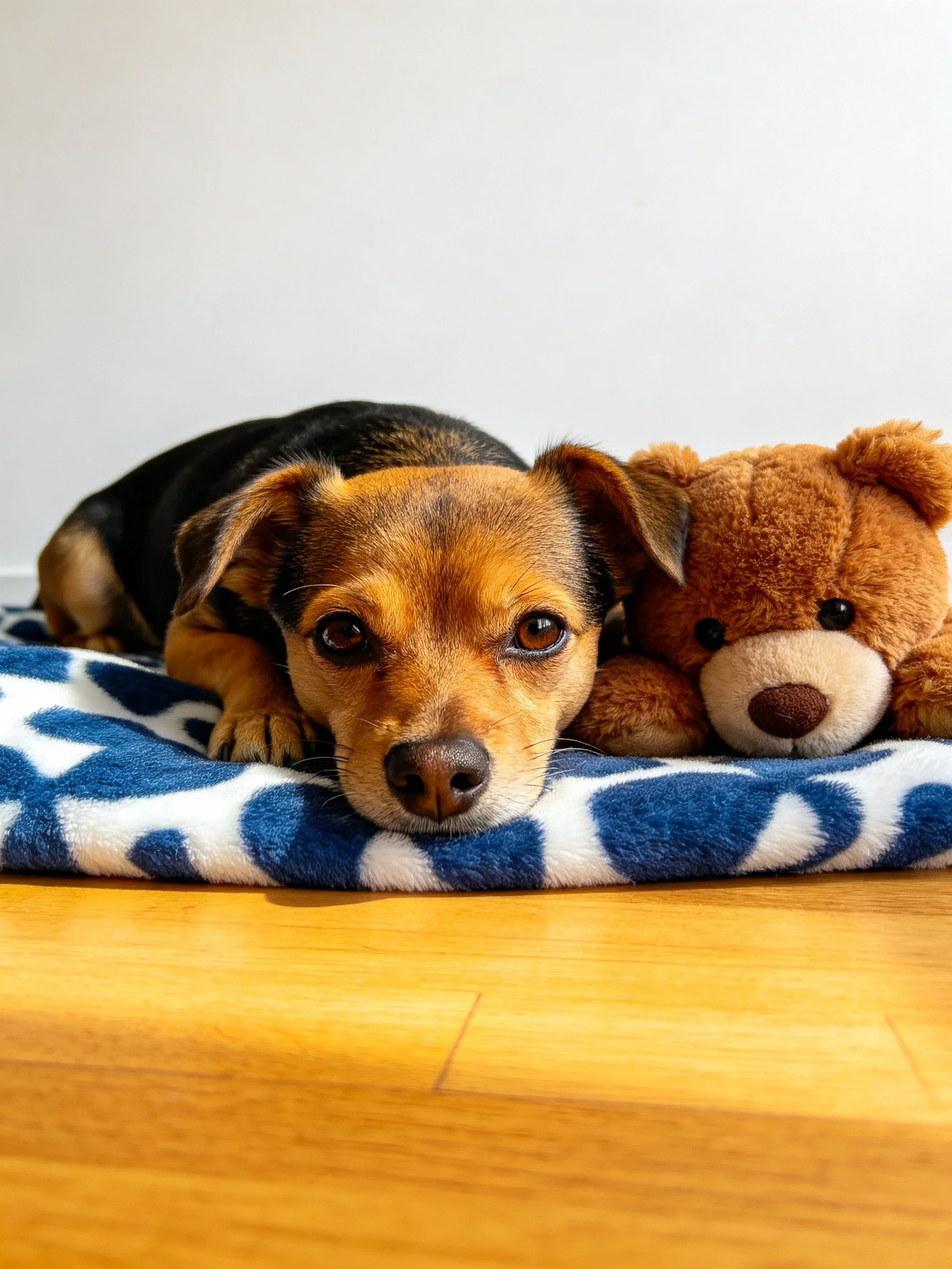 A small dog lies next to a brown teddy bear on a blue and white blanket.