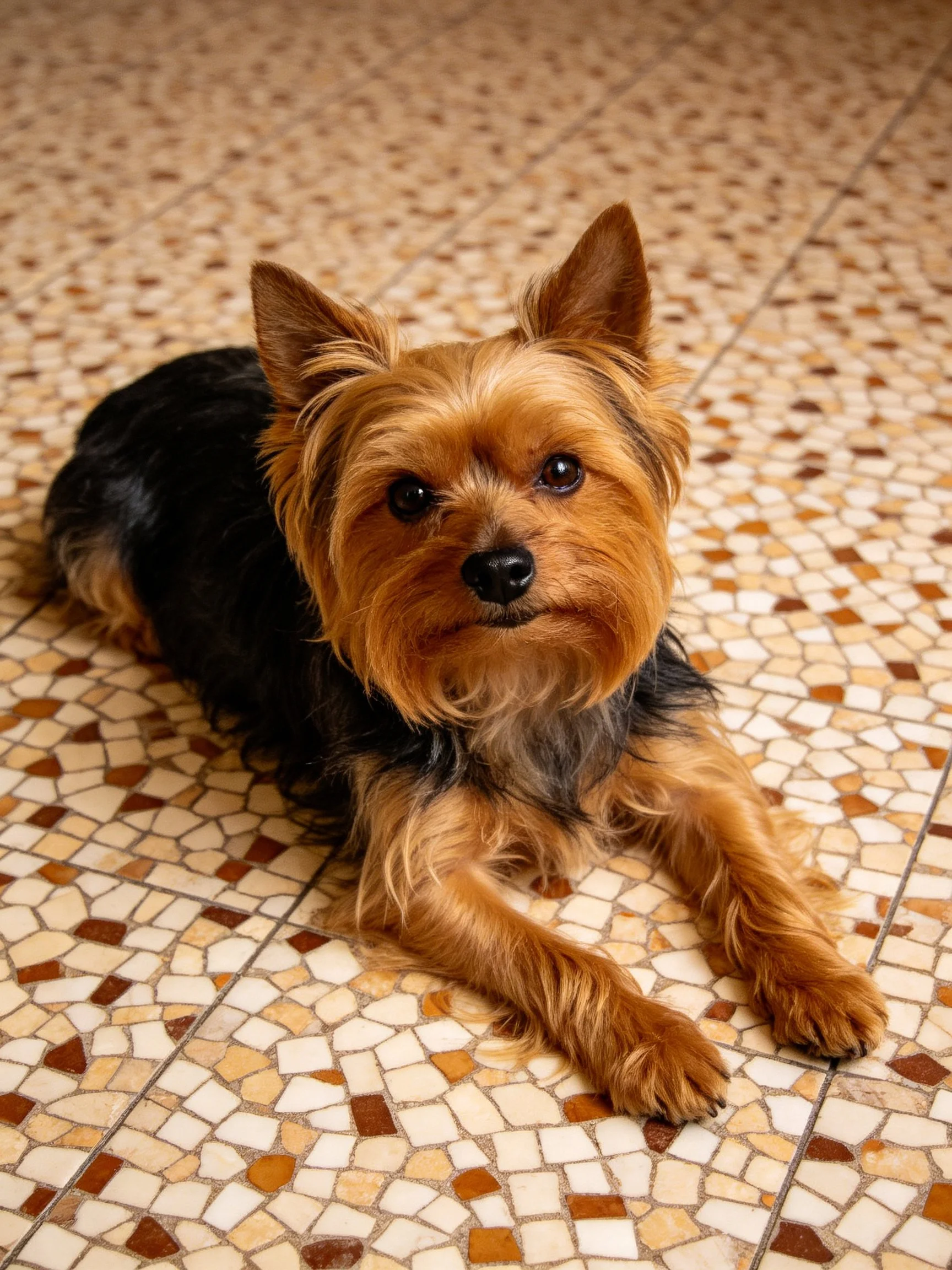A small brown and black dog relaxes on a mosaic tile floor.