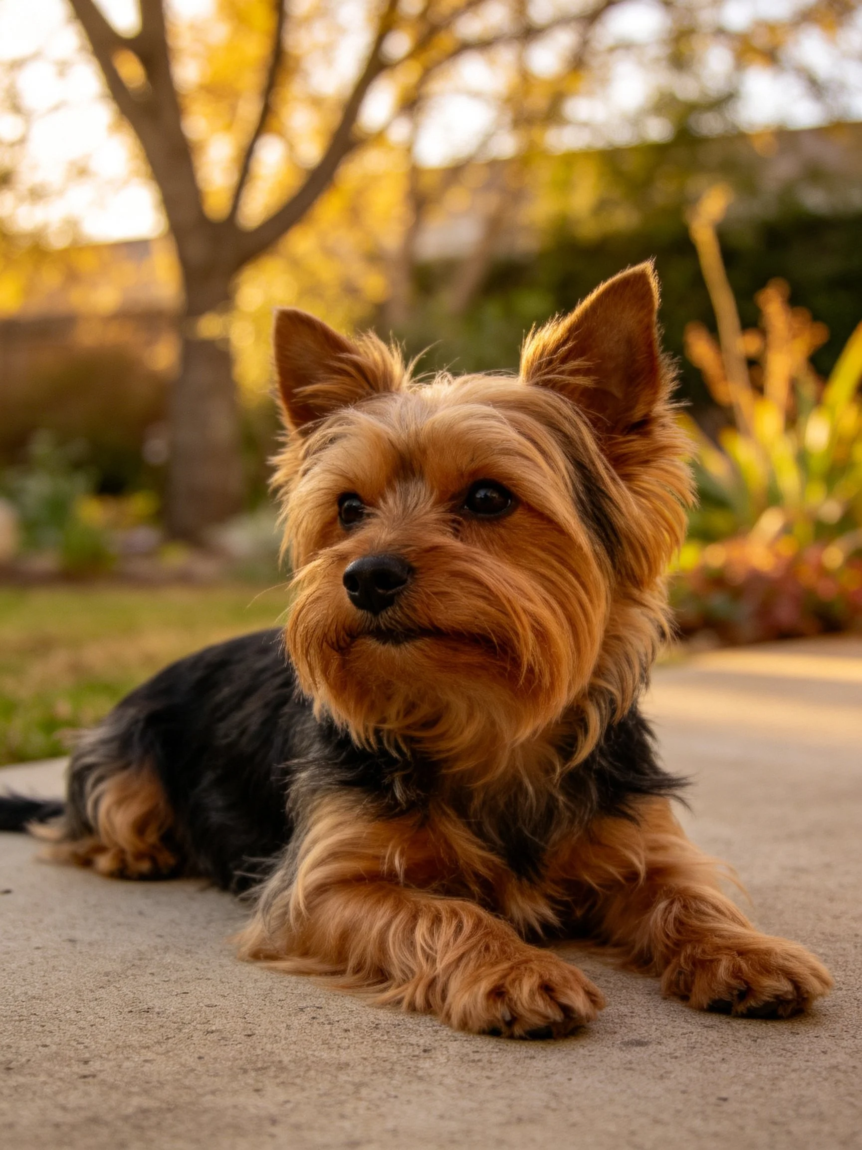 A small brown and black dog lies calmly on a sunlit concrete path amid greenery.