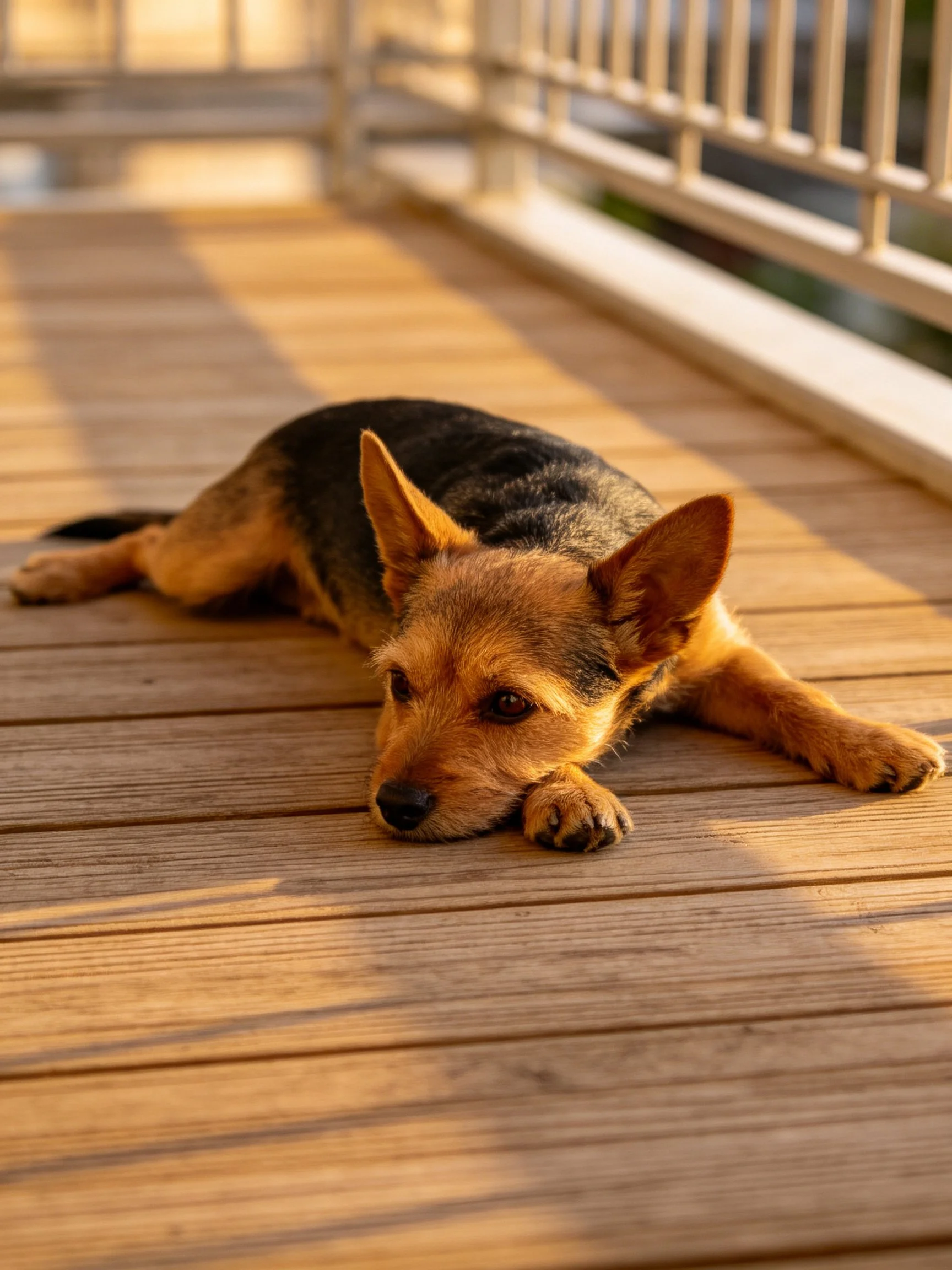 A small brown and black dog relaxes on a sunlit wooden deck.