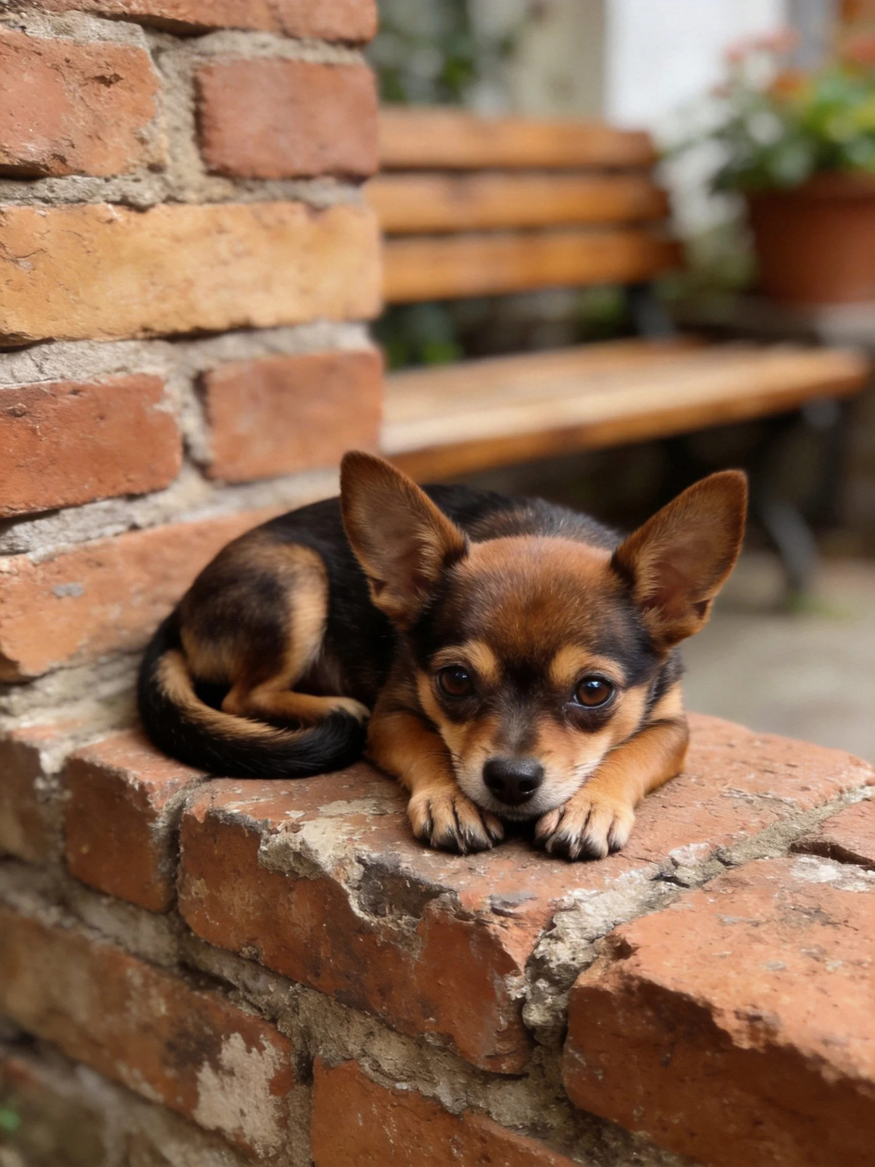 A small brown and black dog rests on a brick ledge near a wooden bench