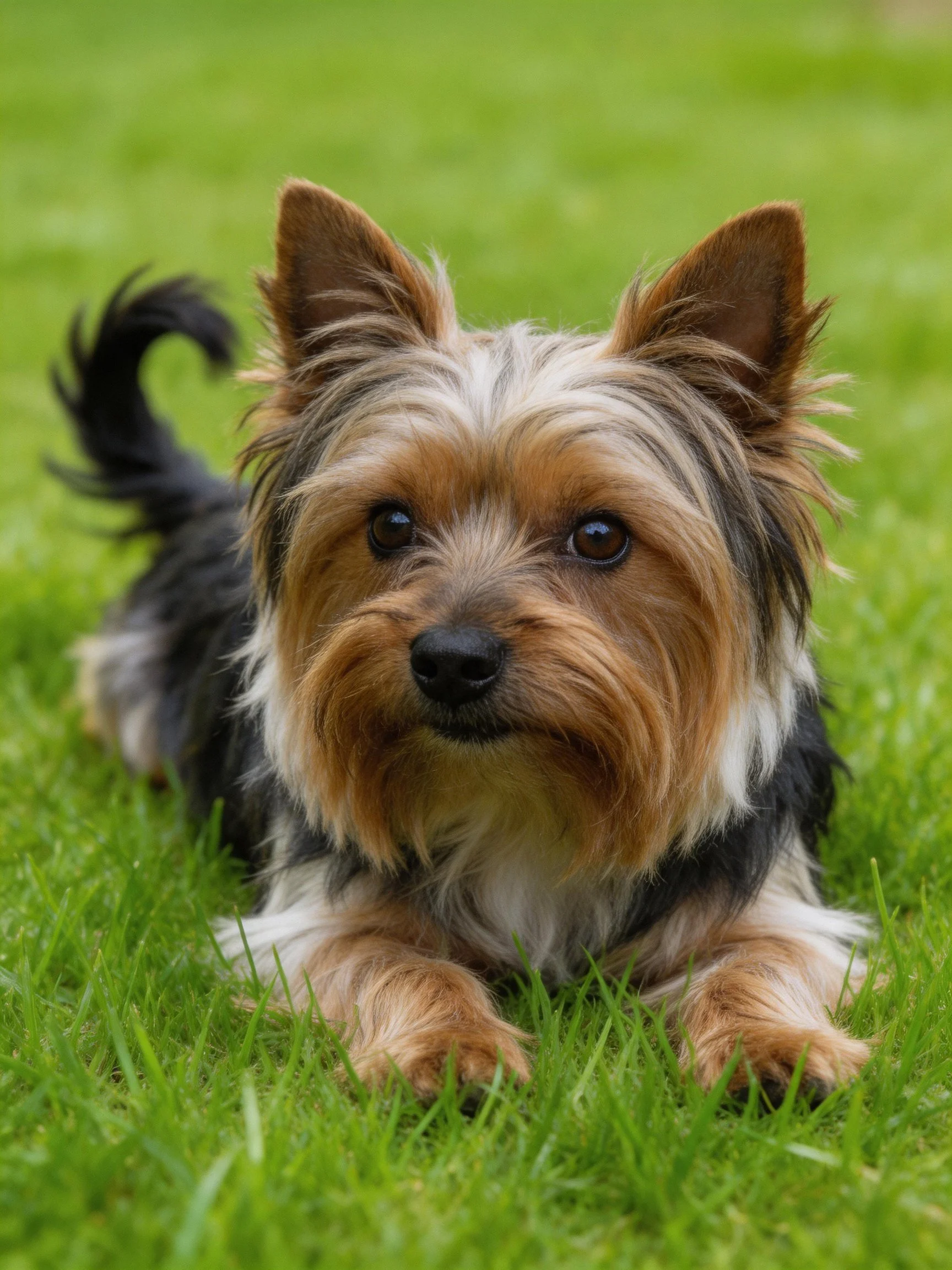 A small brown and black dog relaxes on green grass.