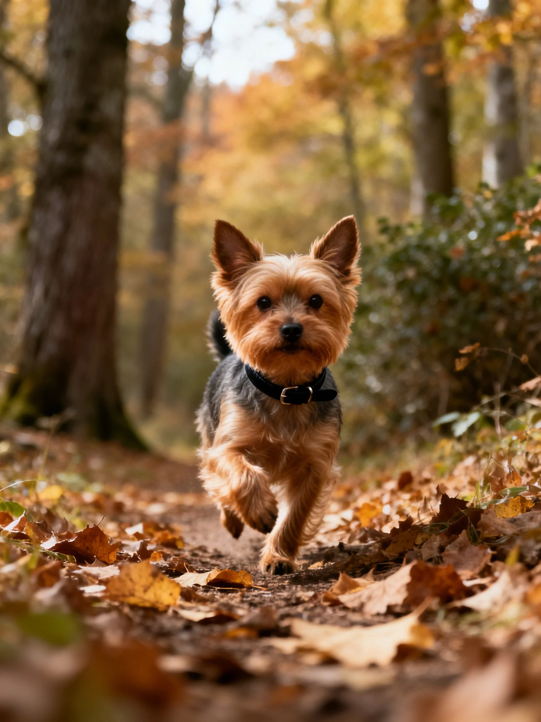 A small brown and black dog running on an autumn leaf-covered path