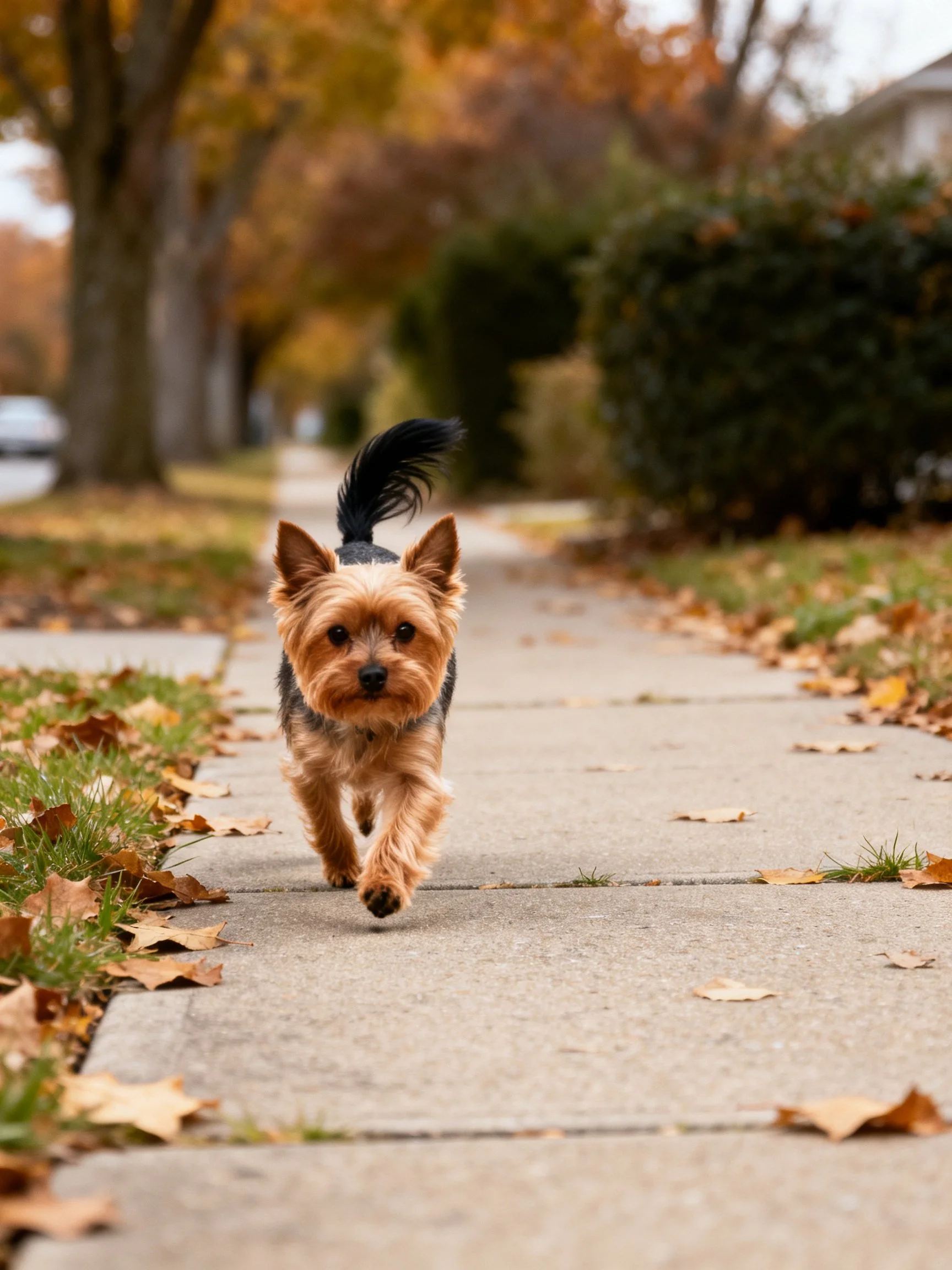 A small brown and black dog runs energetically down a leaf-covered sidewalk in autumn.