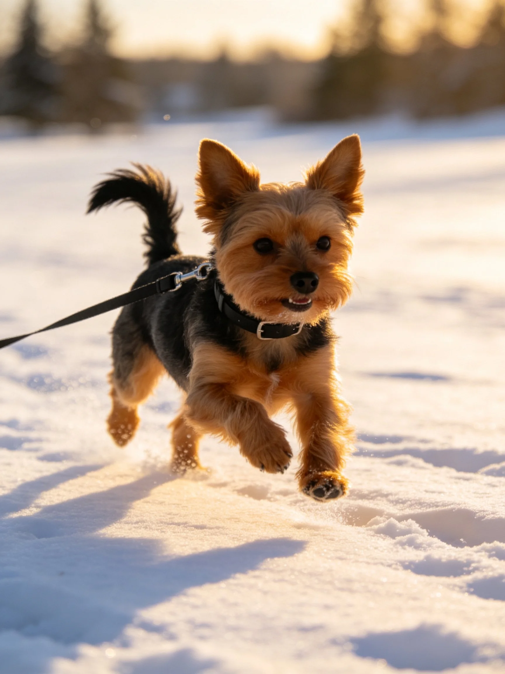 A small dog with brown and black fur runs joyfully through snow.