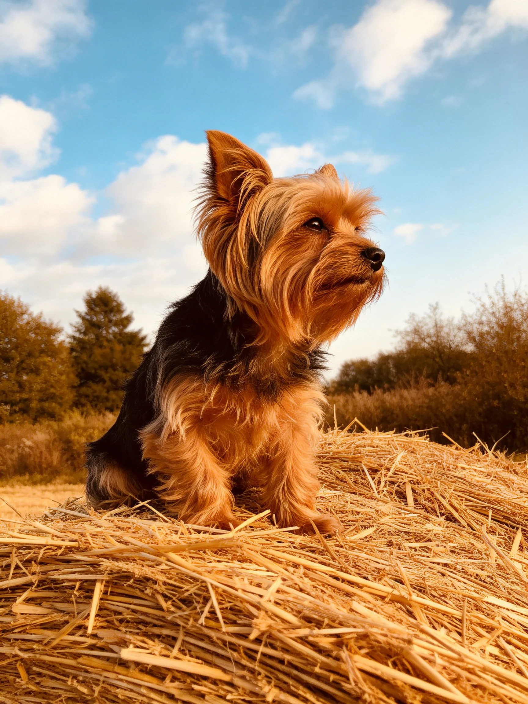 A small brown and black dog rests on golden straw bales in an outdoor setting with a bright blue sky.