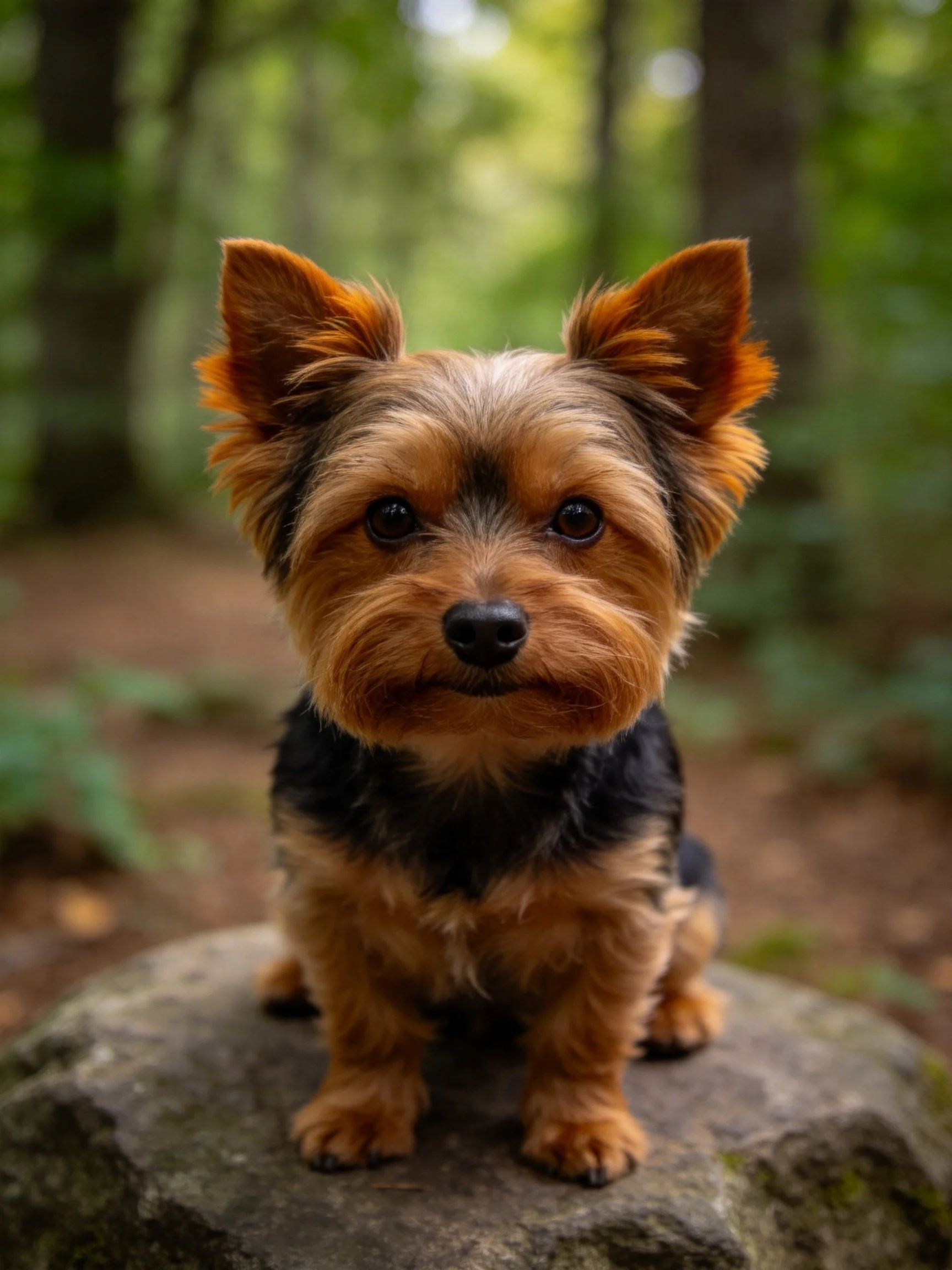 A small brown and black dog sits calmly on a mossy rock in a wooded area.