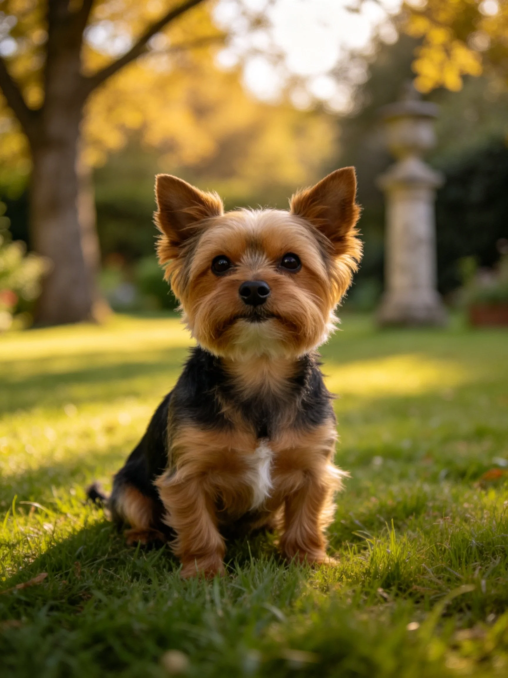 A small dog with brown and black fur sits calmly on grass in a sunlit outdoor area