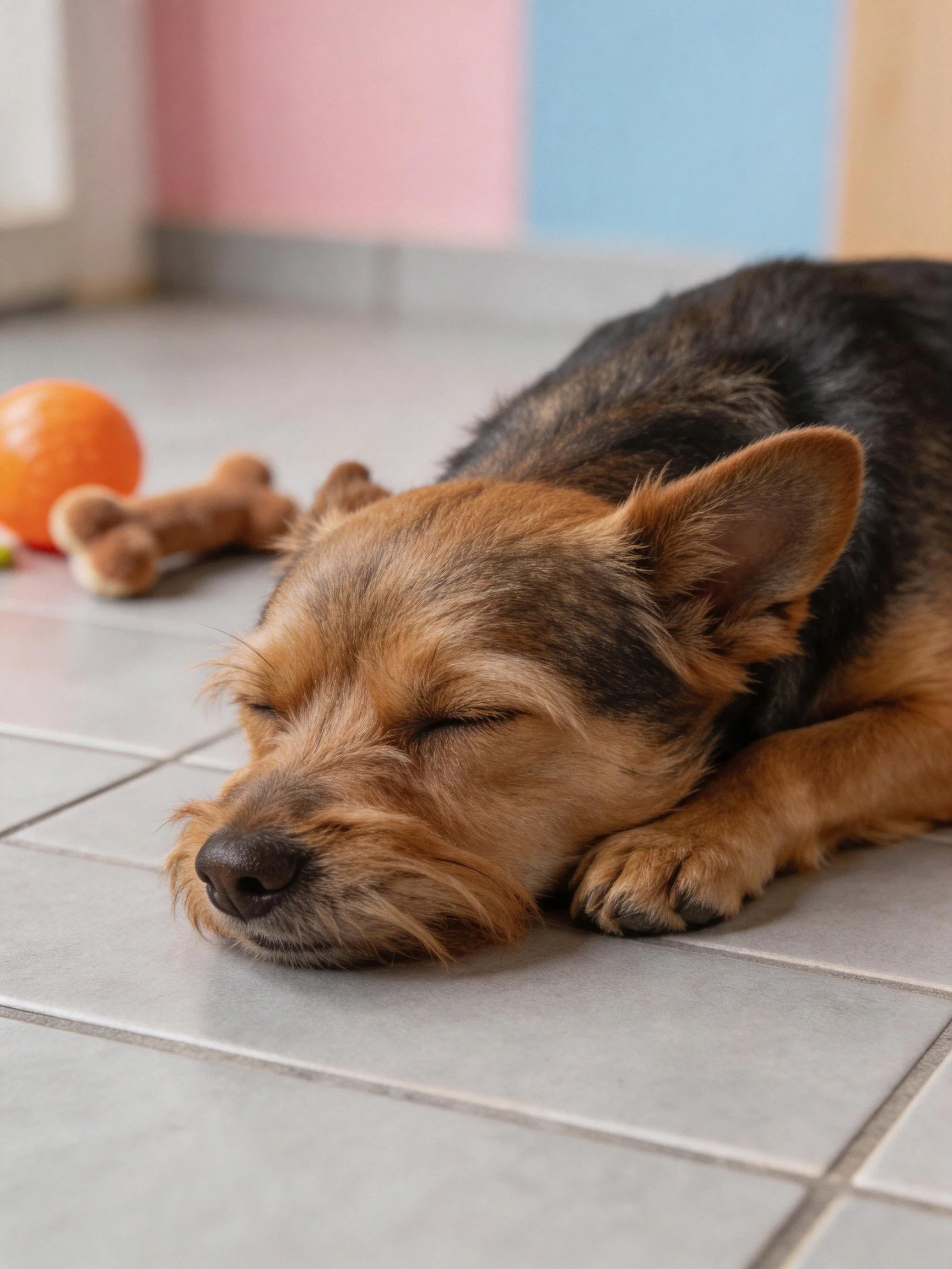 A small brown and black dog sleeps near toys on tiled flooring