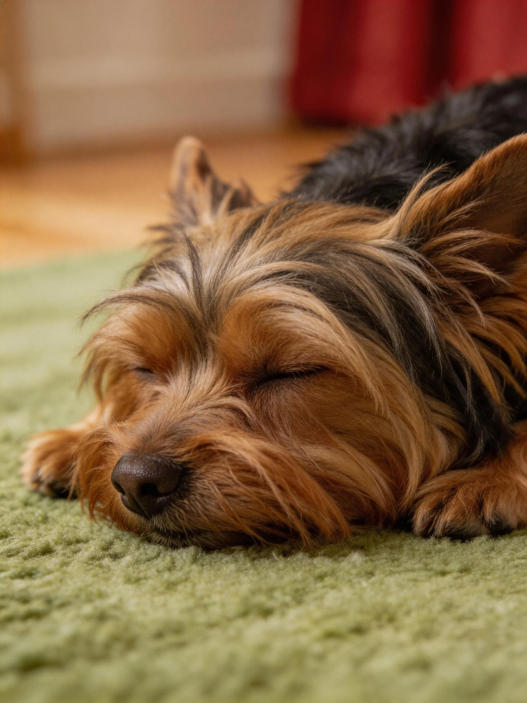 A small dog sleeps on a green carpet in a cozy indoor space