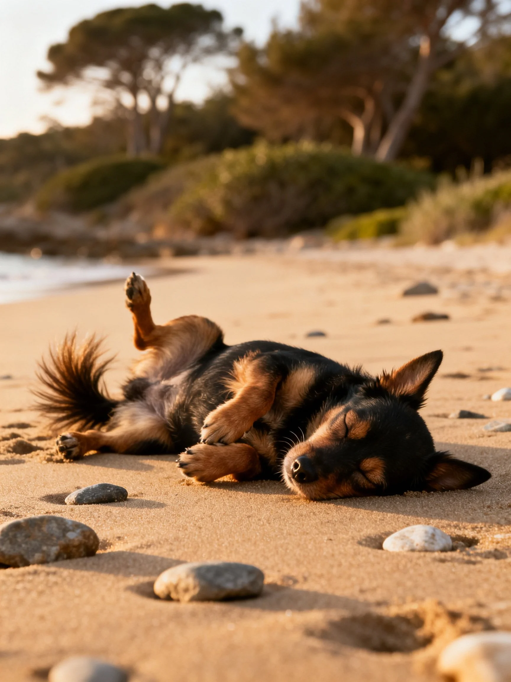 A small brown and black dog sleeps on a sunlit sandy beach