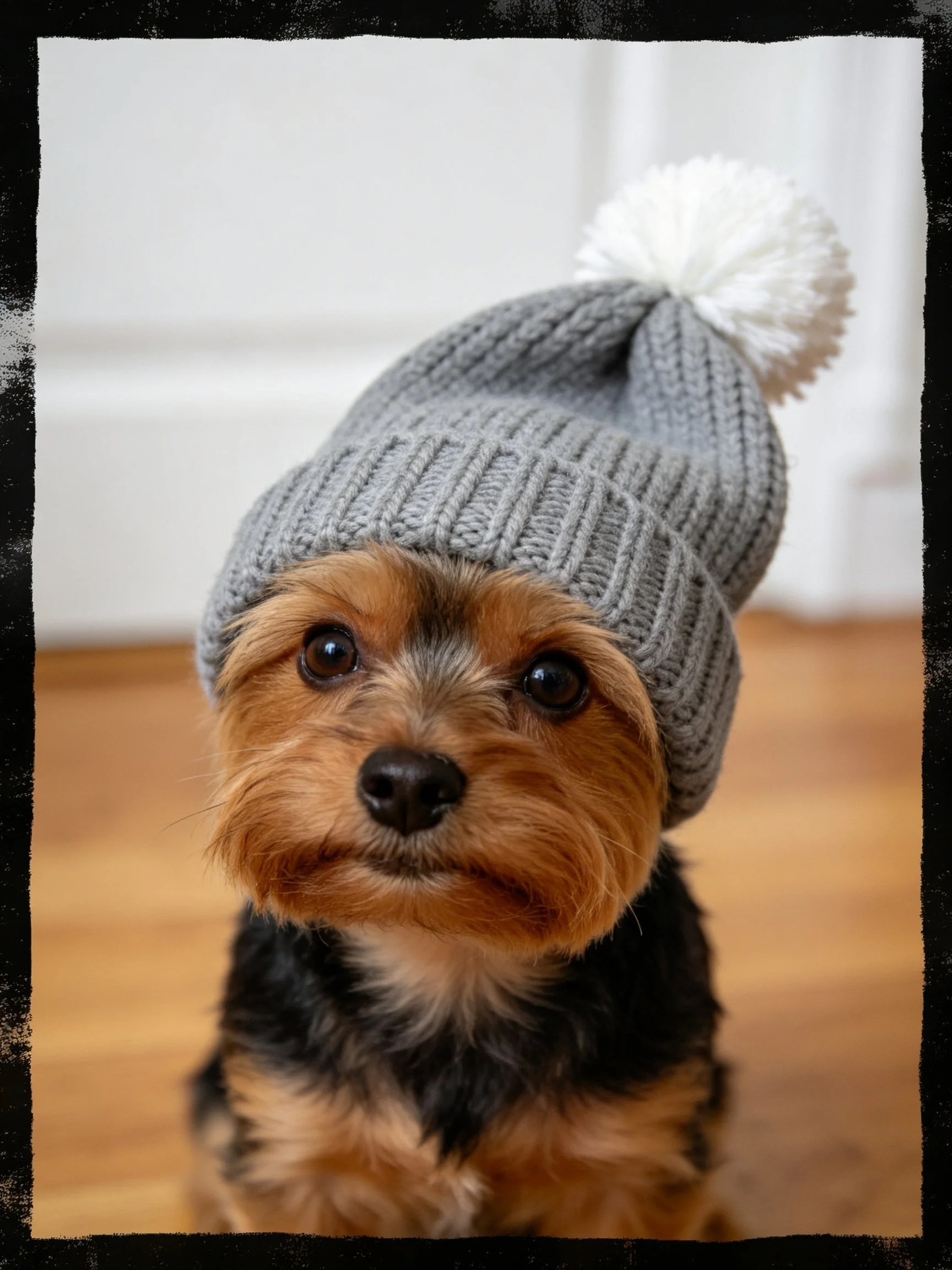 A small brown and black dog sits indoors wearing a gray knitted beanie with a white pom - pom.