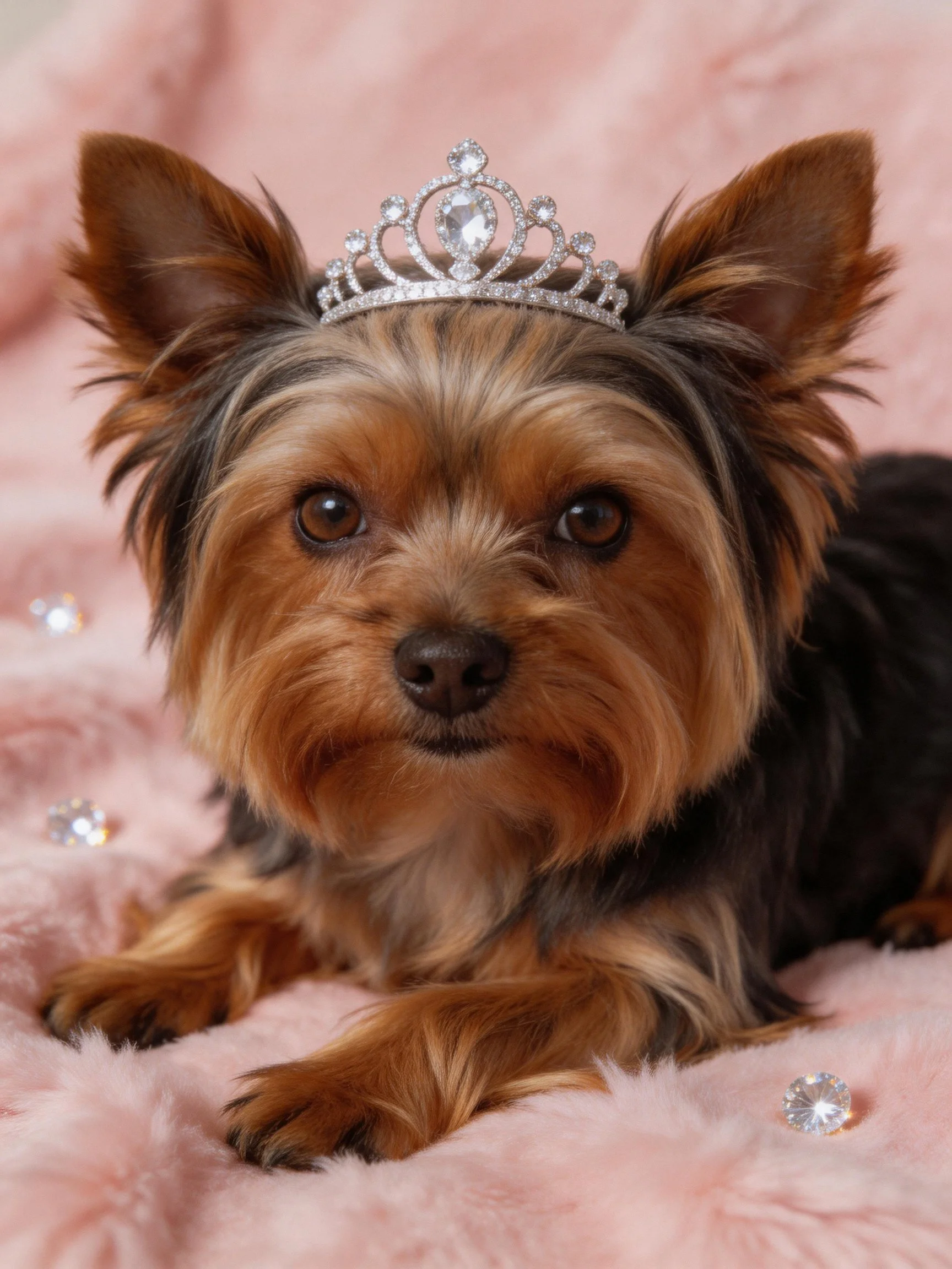 A small brown and black dog with a silver tiara rests on a pink blanket
