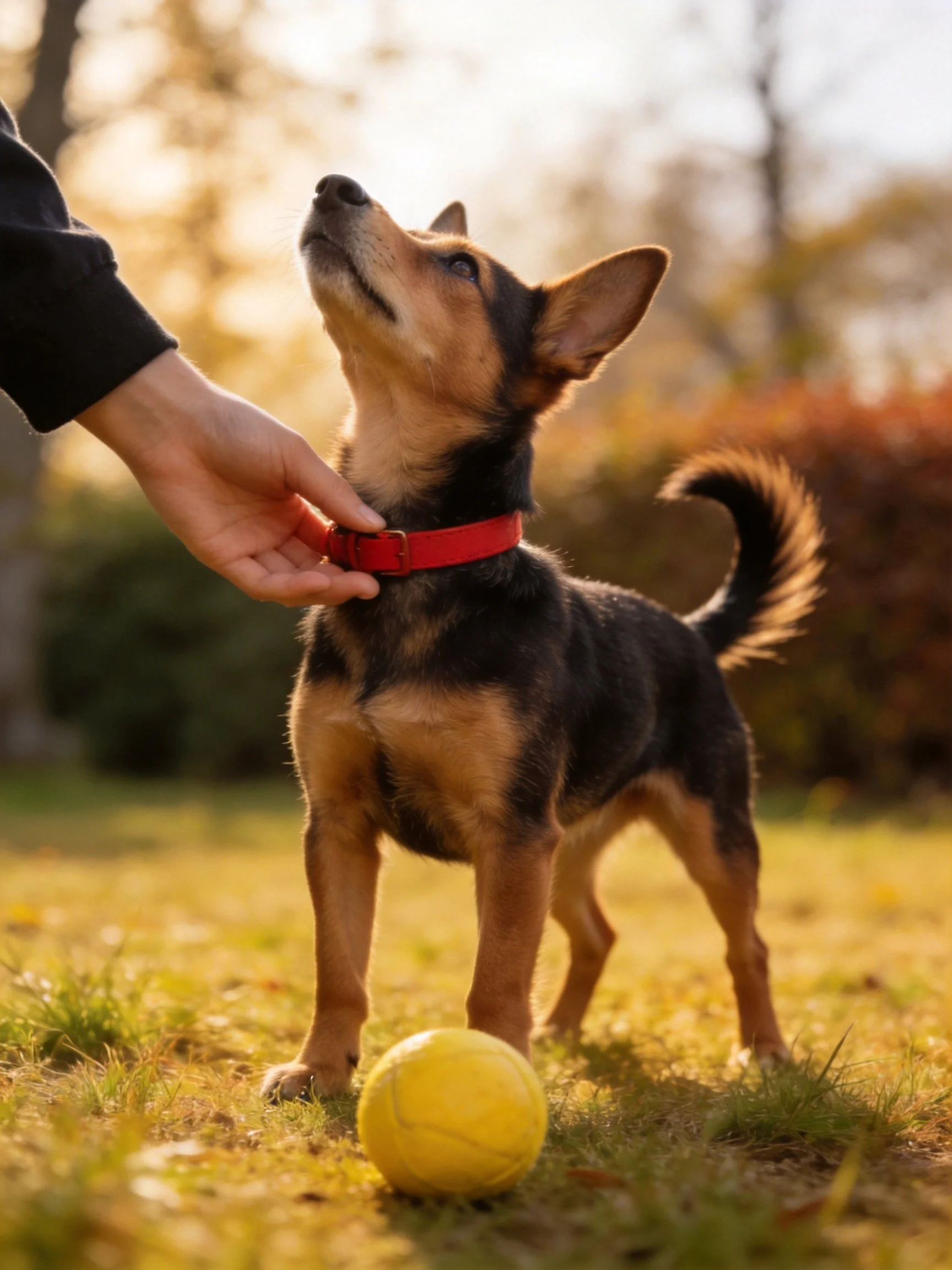 A small dog with a red collar stands near a yellow ball in an outdoor setting.