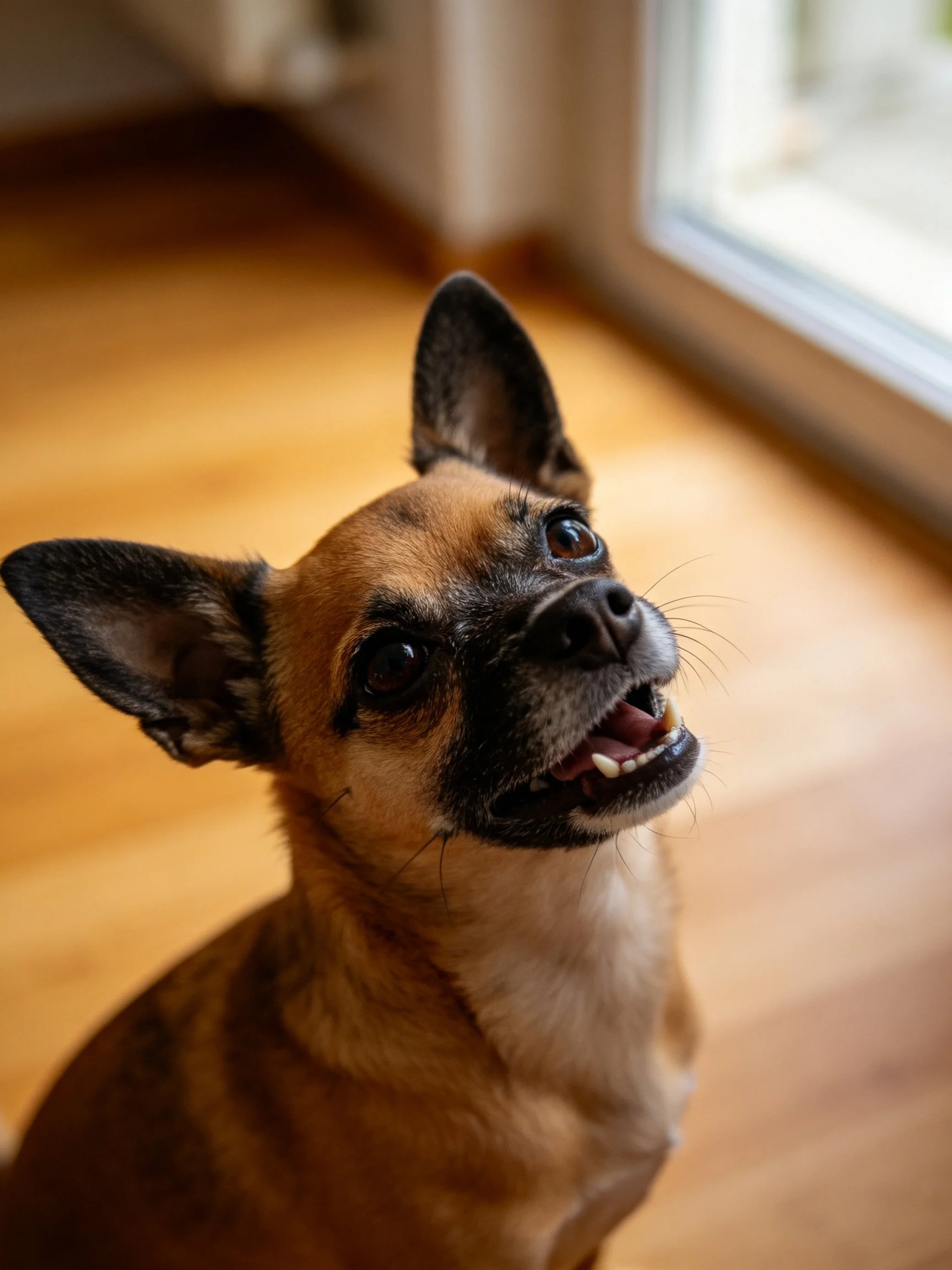 A small brown and black dog gazes upward beside an indoor window.