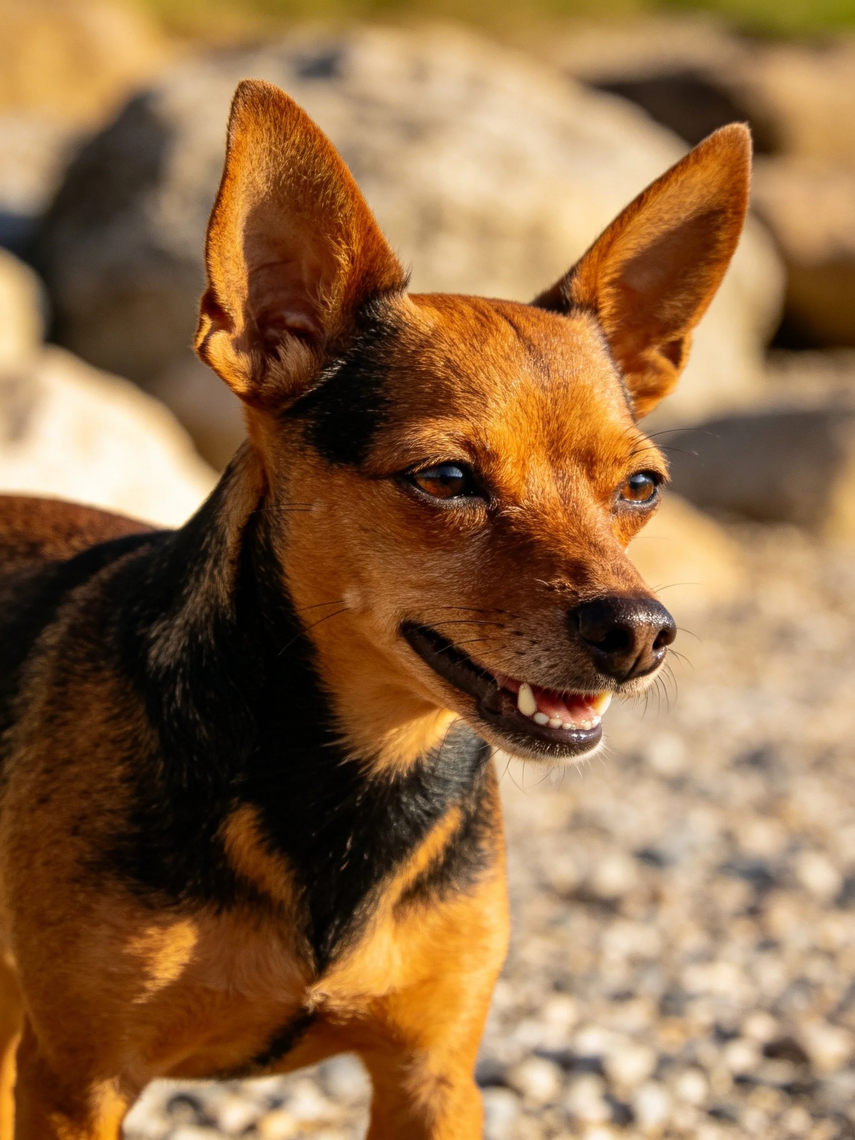 A small brown and black dog stands near rocks in bright daylight.