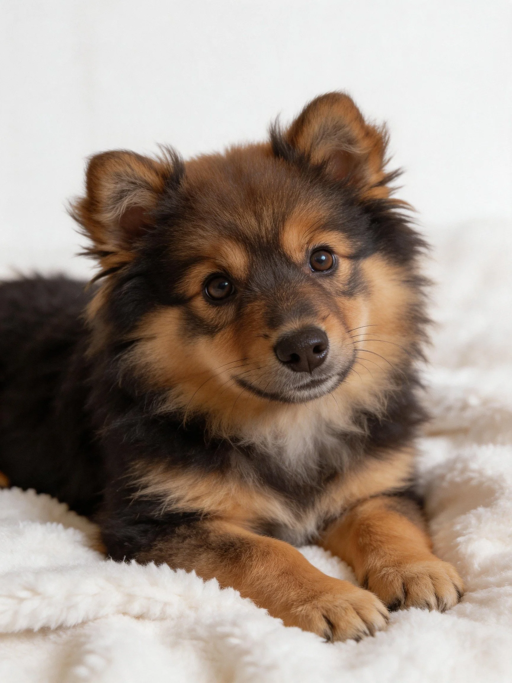 A small brown and black puppy lies comfortably on a plush white blanket.