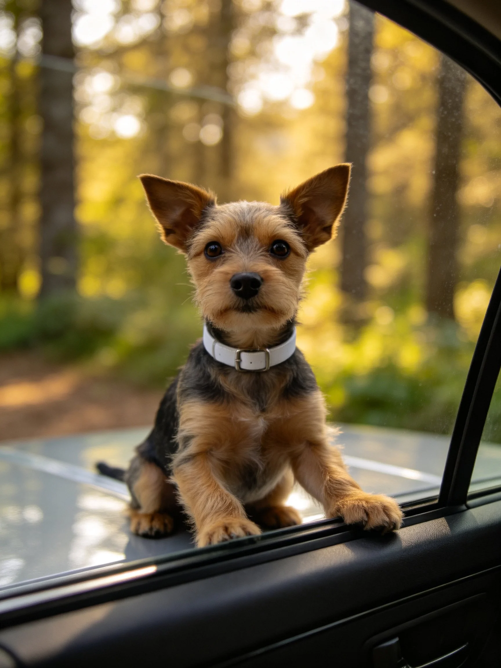 A small brown and black dog sits in a car window with a sunlit forest behind.