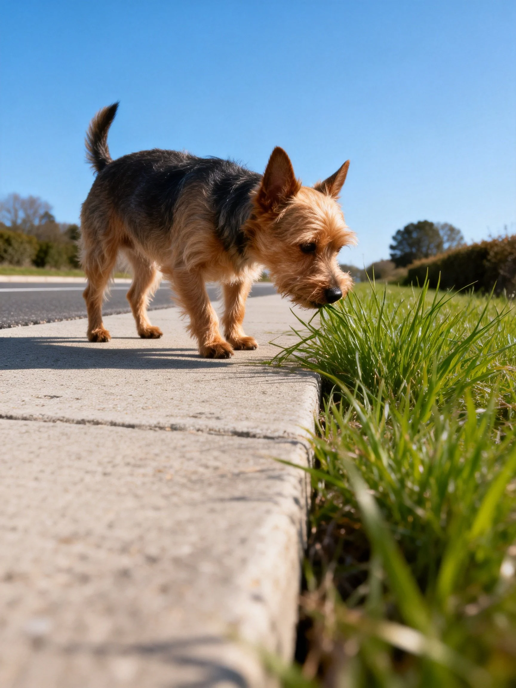 A small brown and black terrier sniffs green grass beside a concrete path.