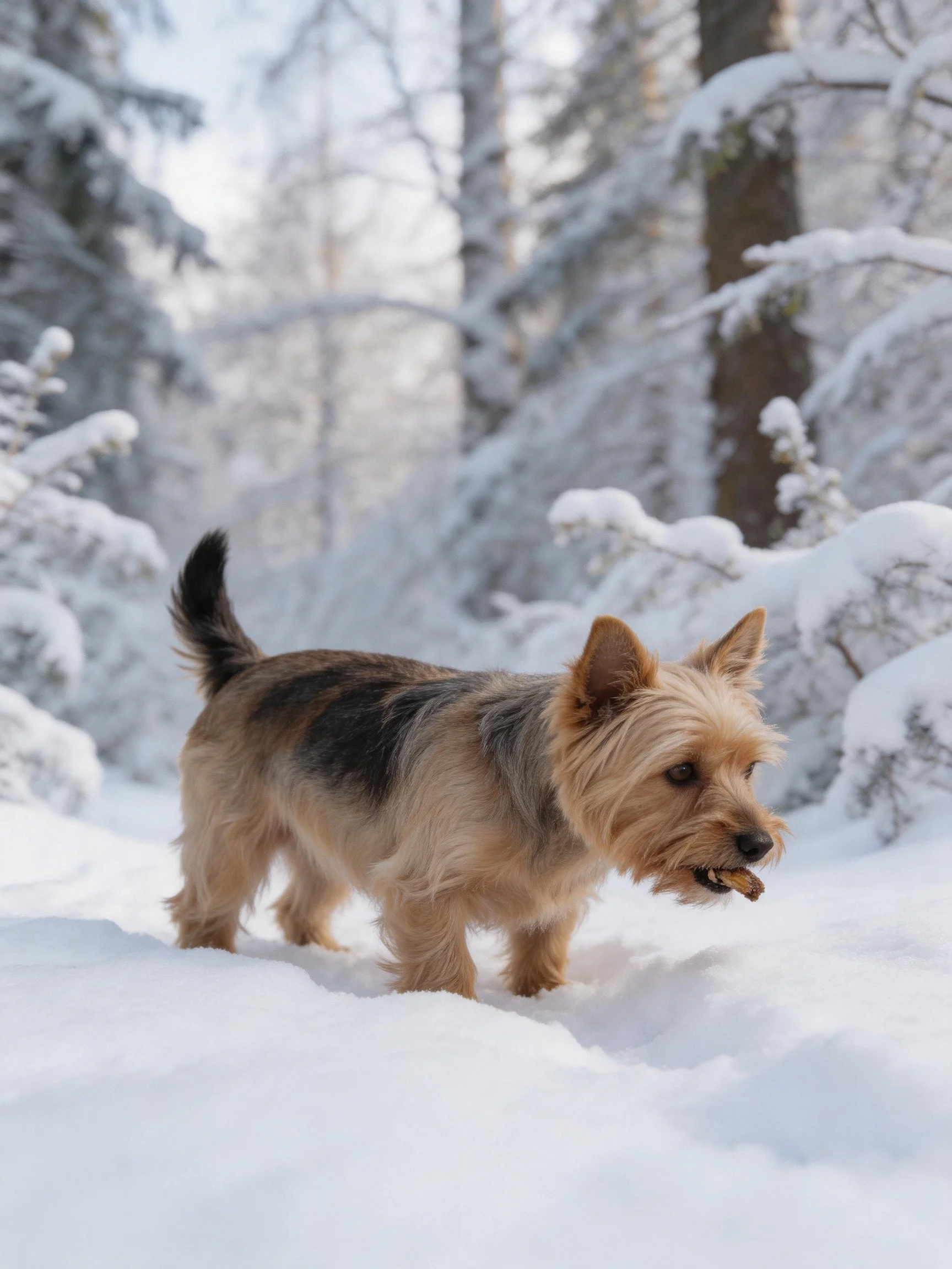 A small terrier dog explores deep snow in a snowy forest