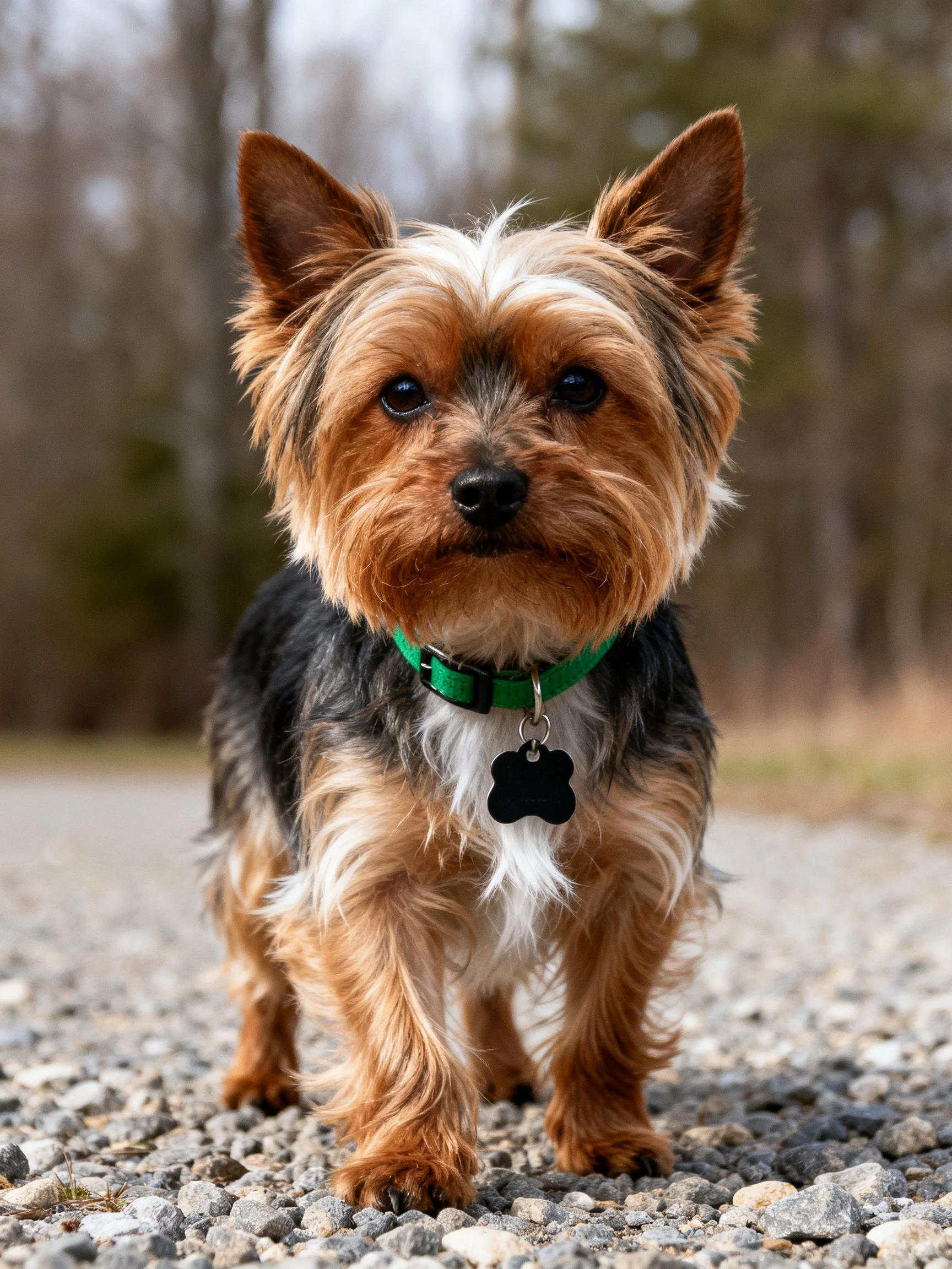 A small brown and black terrier stands alertly on a gravel path.