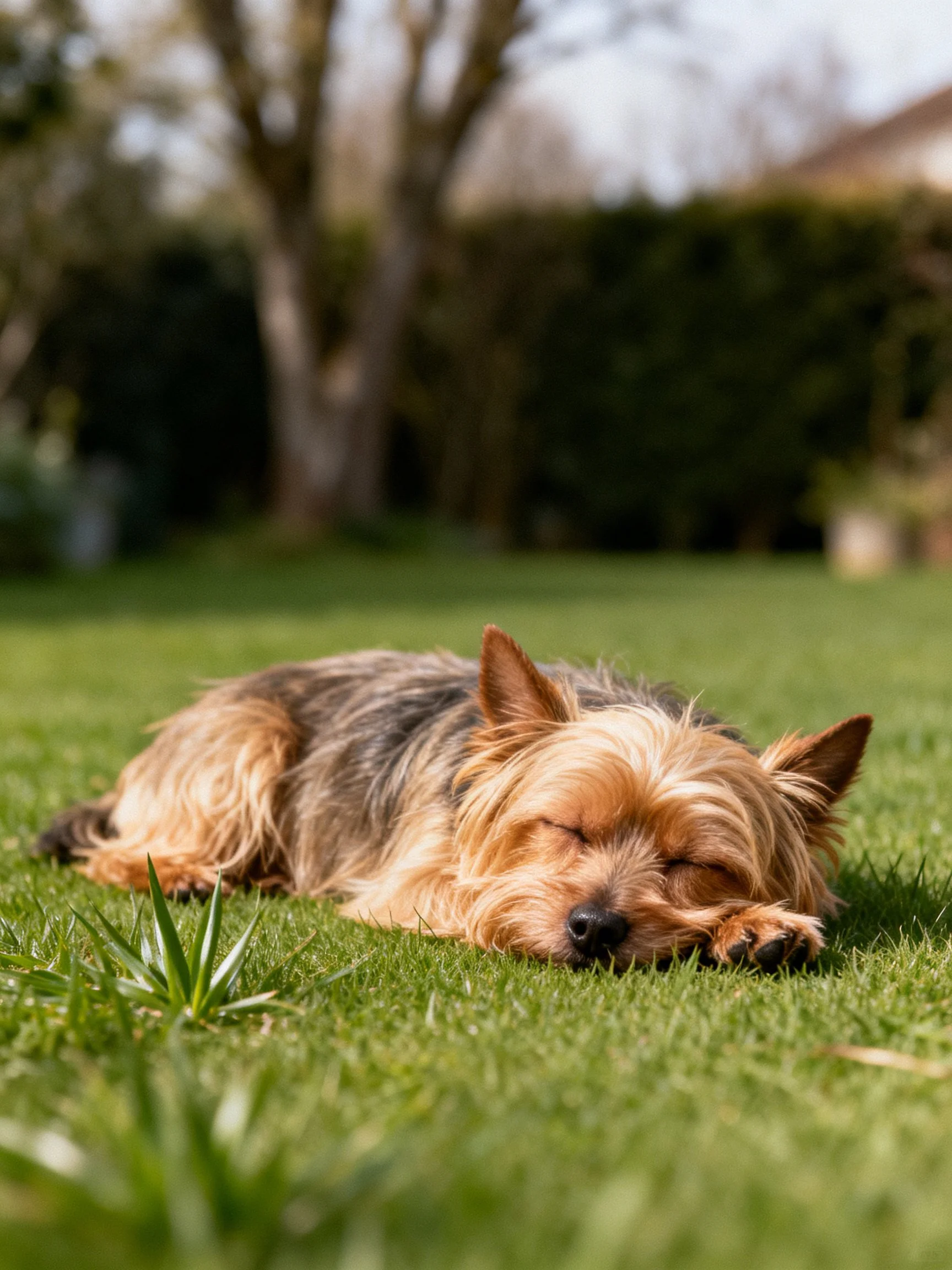 A small dog rests peacefully on green grass in a sunny outdoor area.