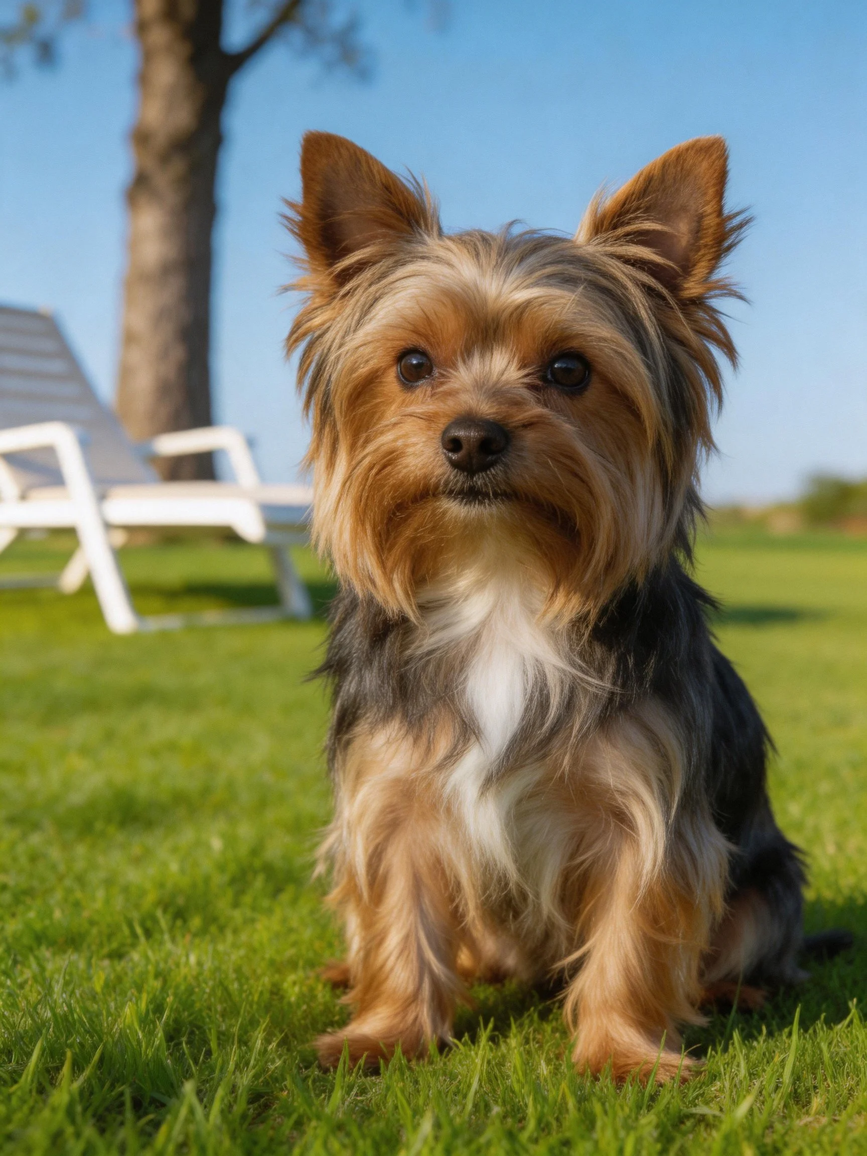 A small dog sits on grass in a sunny outdoor space with a white chair and tree.