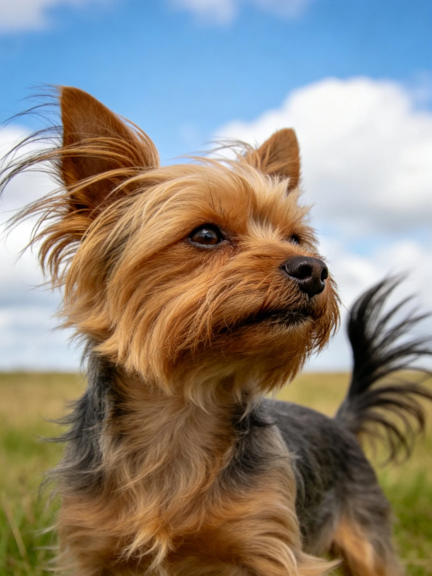 A small brown and gray dog gazes toward the horizon in an open grassland.