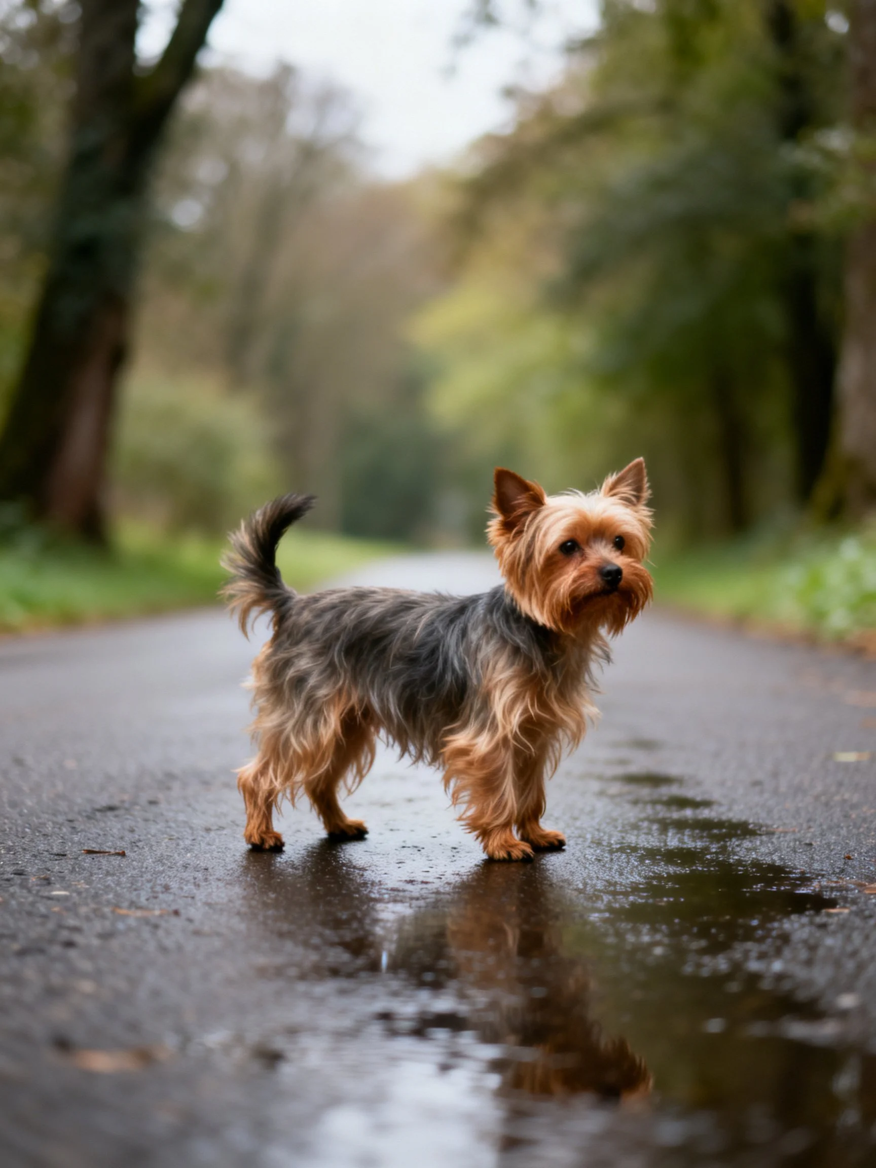 A small dog stands on a wet road in a forested area.