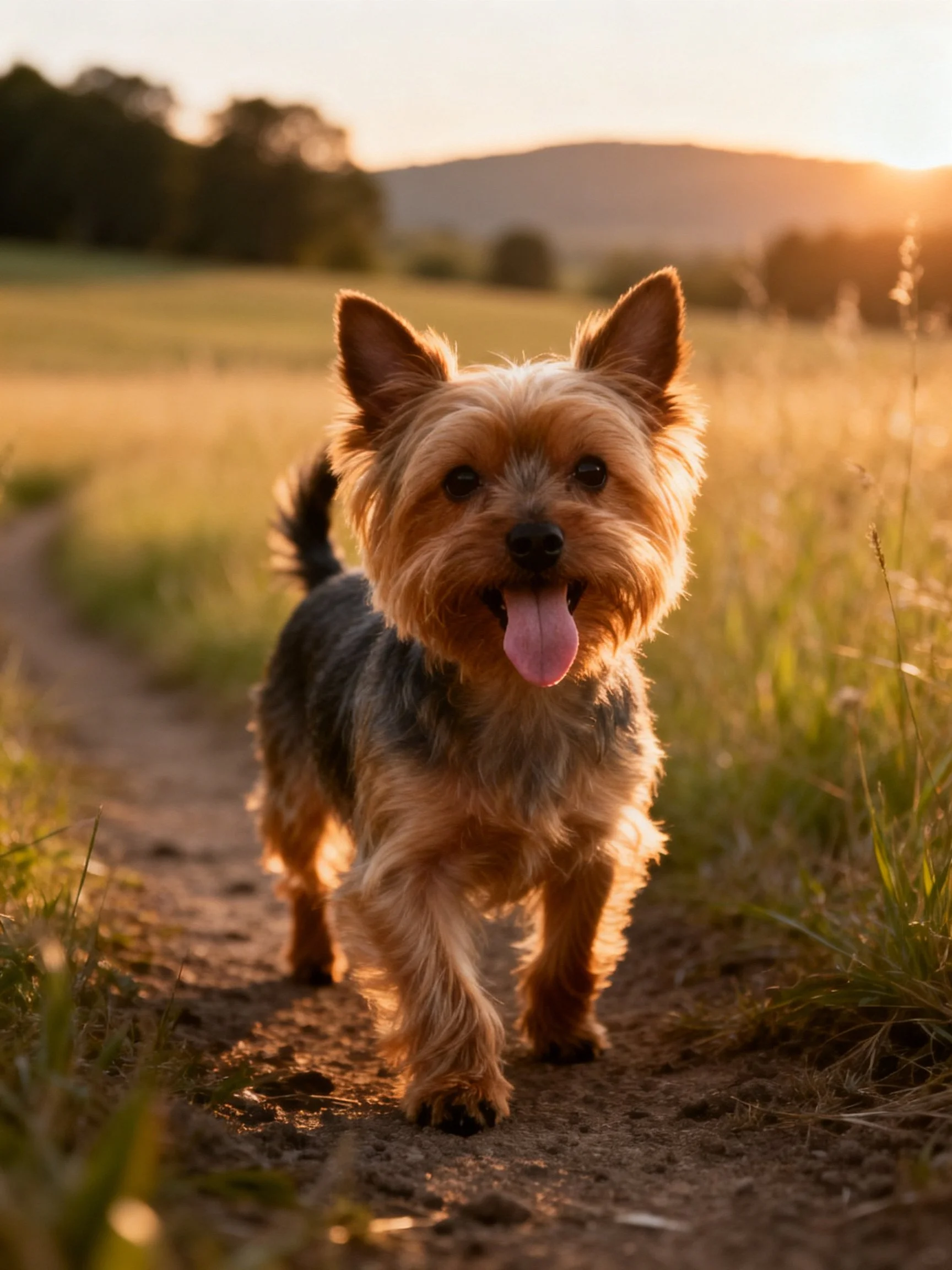 A small dog with brown and gray fur walks on a dirt path in golden fields during sunset