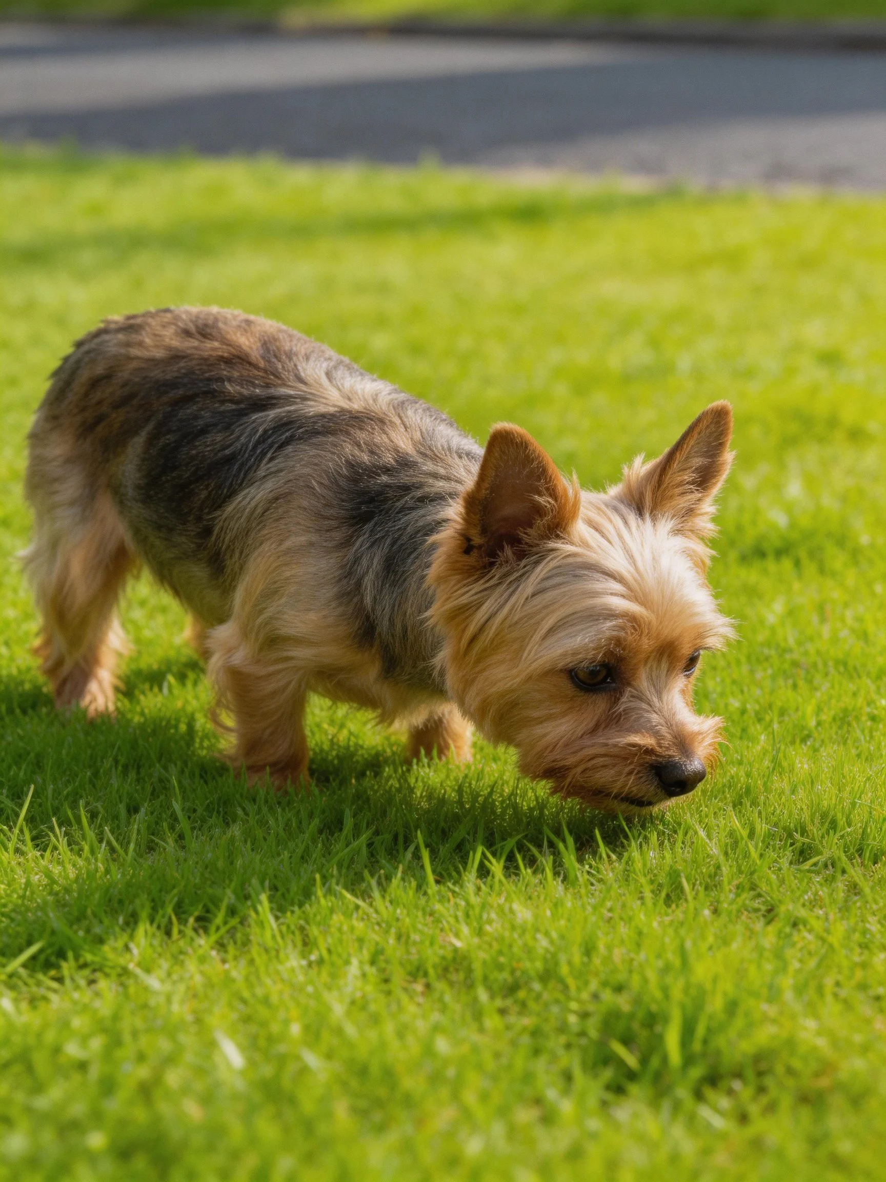 A small terrier dog investigates green grass in a sunny outdoor area.