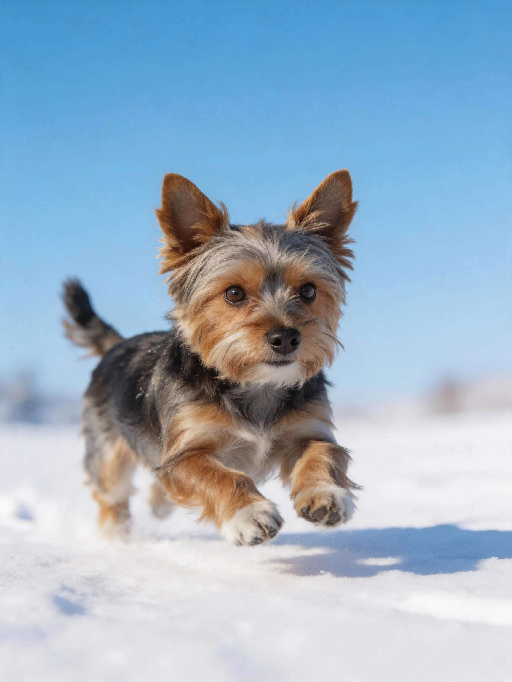 A small brown and gray terrier runs energetically across a snowy field under clear blue sky.
