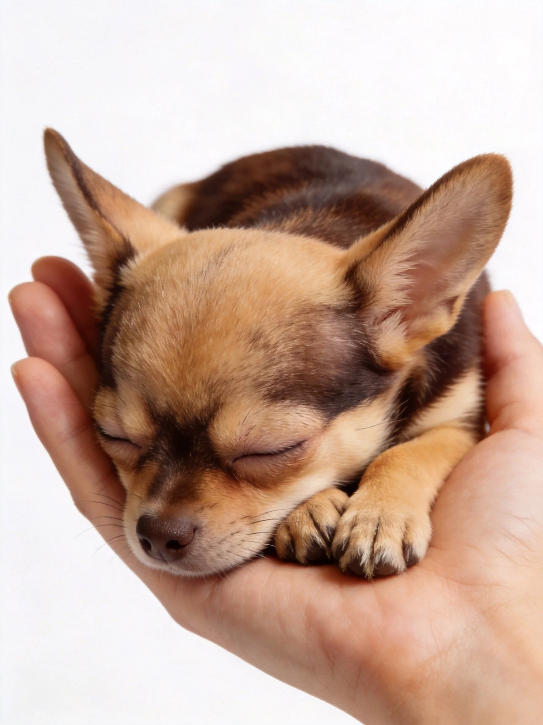 A small brown and tan Chihuahua puppy sleeps in a human hand