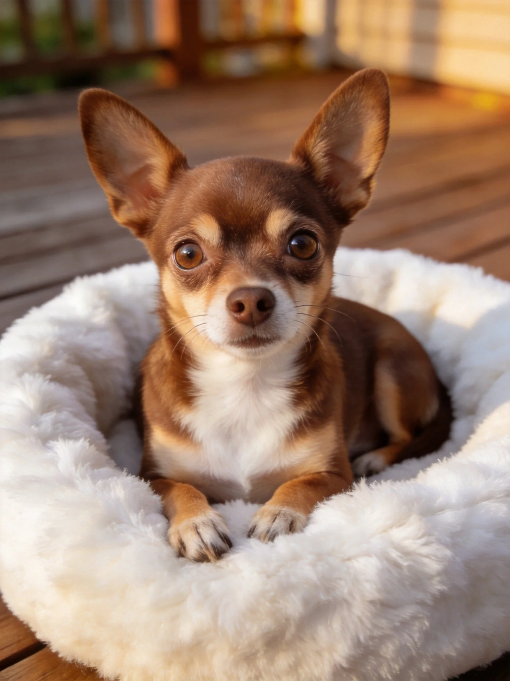 A small brown and tan Chihuahua sits calmly in a plush white bed outdoors.
