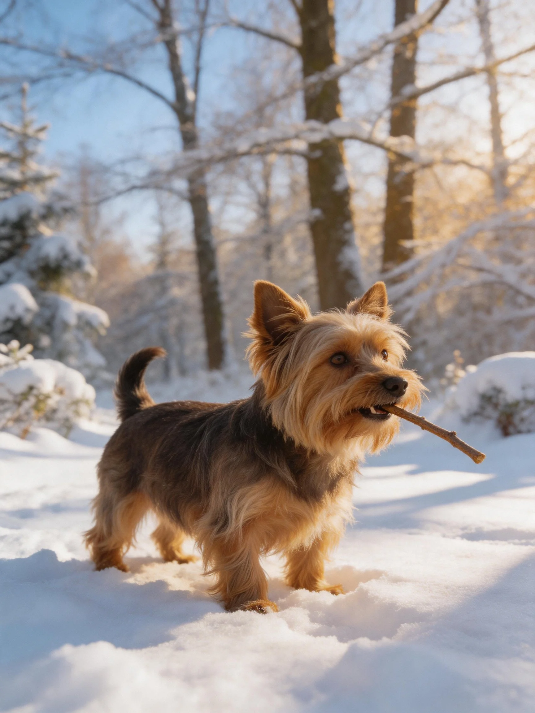 A small dog plays with a stick in a snowy wooded area.