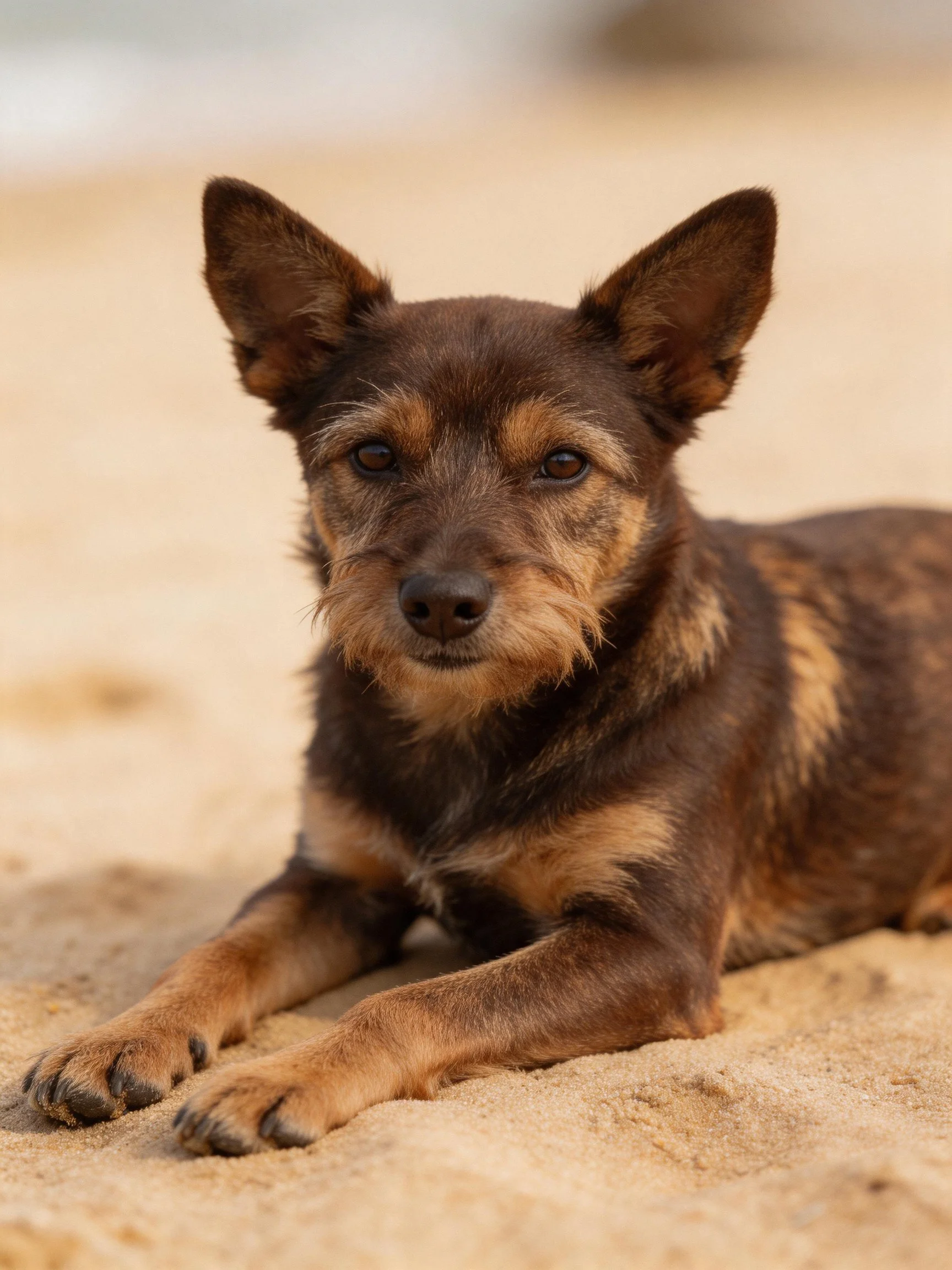 A small brown and tan dog resting on sandy terrain