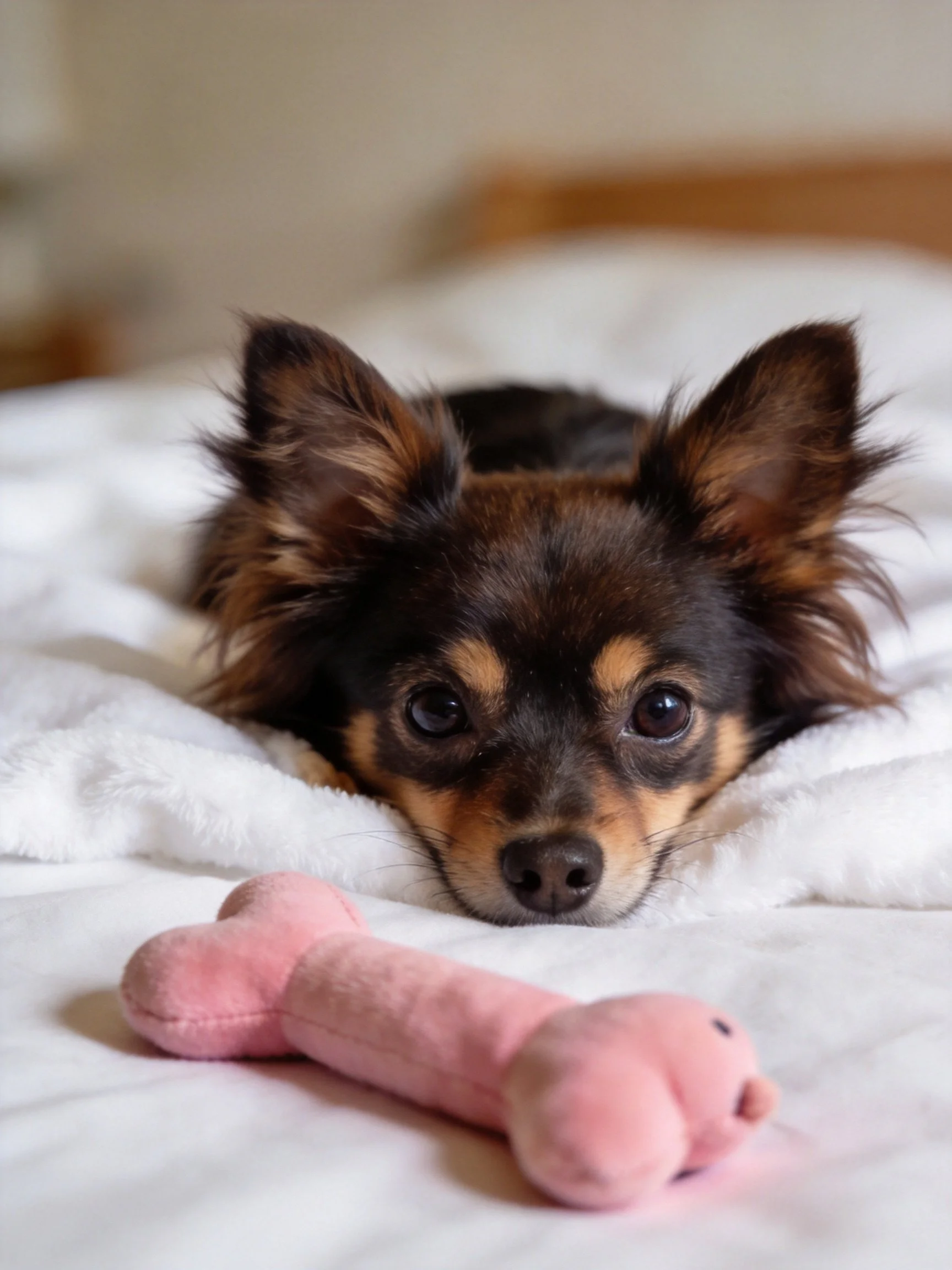 A small dog rests on a white blanket next to a pink stuffed toy.